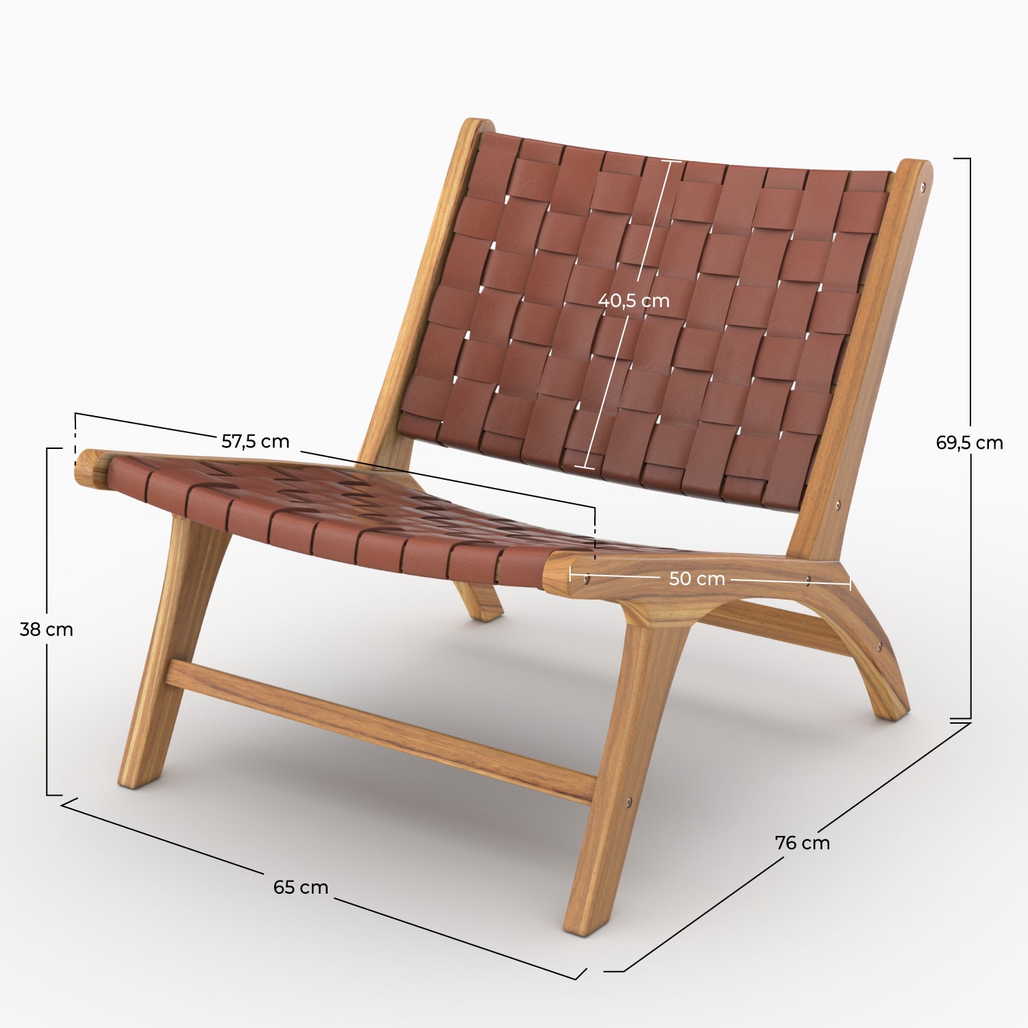 Dimensions du fauteuil Kuna en teck et cuir tressé marron - Maison Pavane