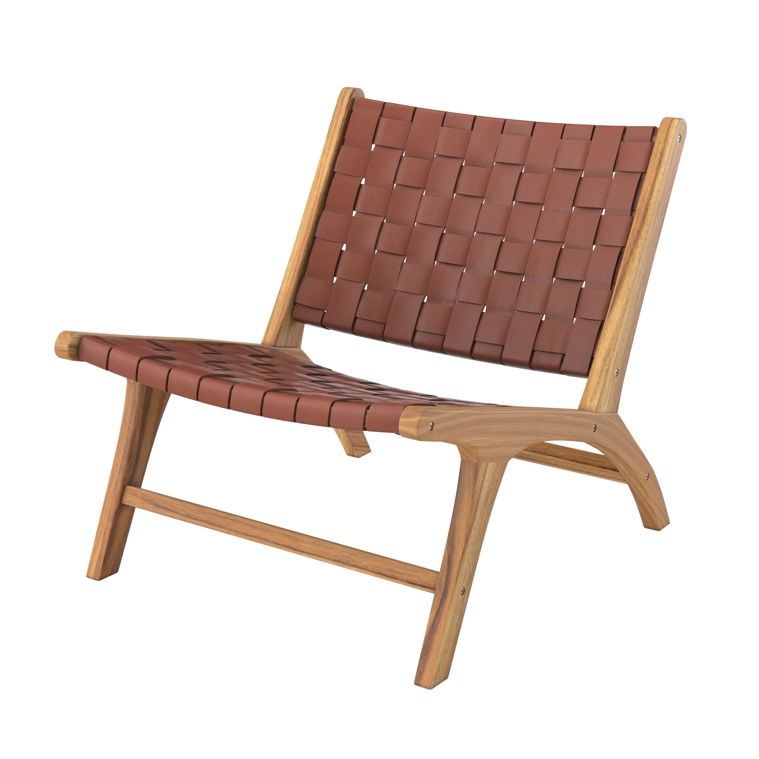 Fauteuil Kuna en teck et cuir tressé marron sur fond blanc - Maison Pavane