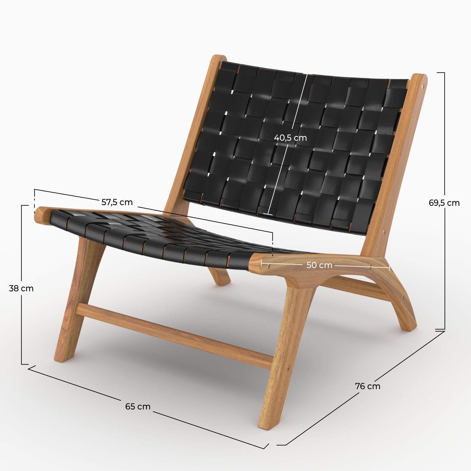 Dimensions du fauteuil Kuna en teck et cuir tressé noir - Maison Pavane