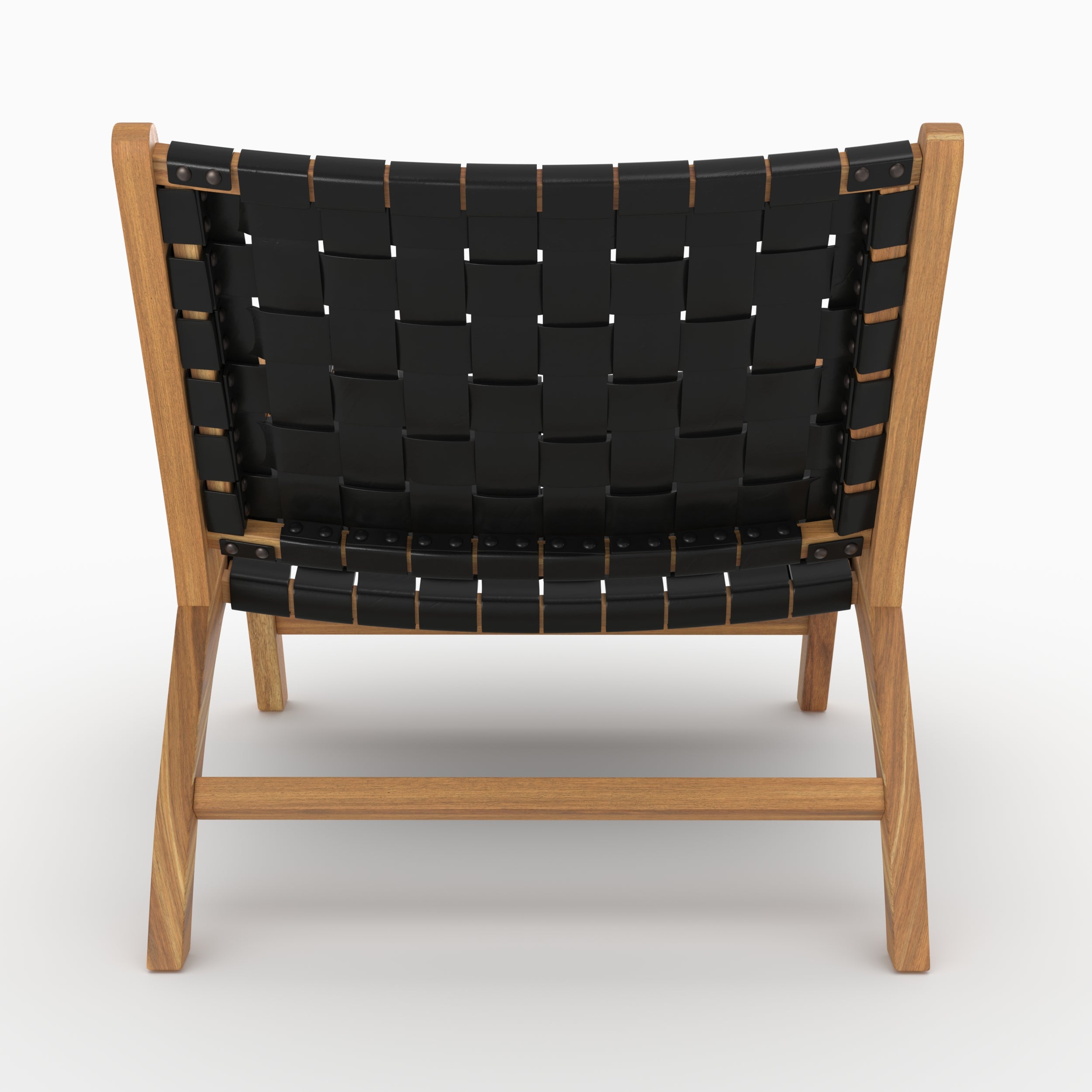 Fauteuil Kuna en teck et cuir tressé noir vu de dos - Maison Pavane