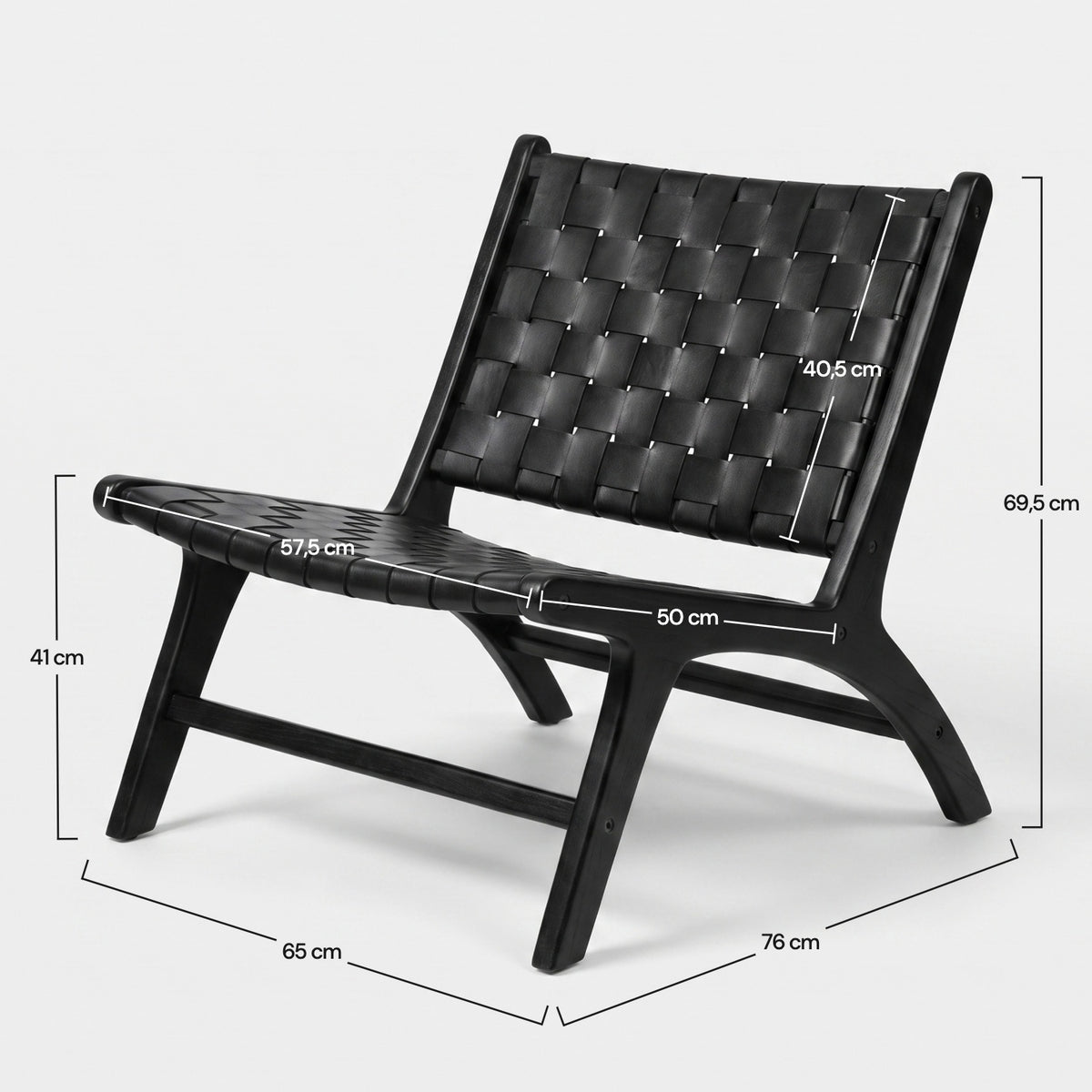 Dimensions du fauteuil Kuna en teck noir et cuir tressé - Maison Pavane