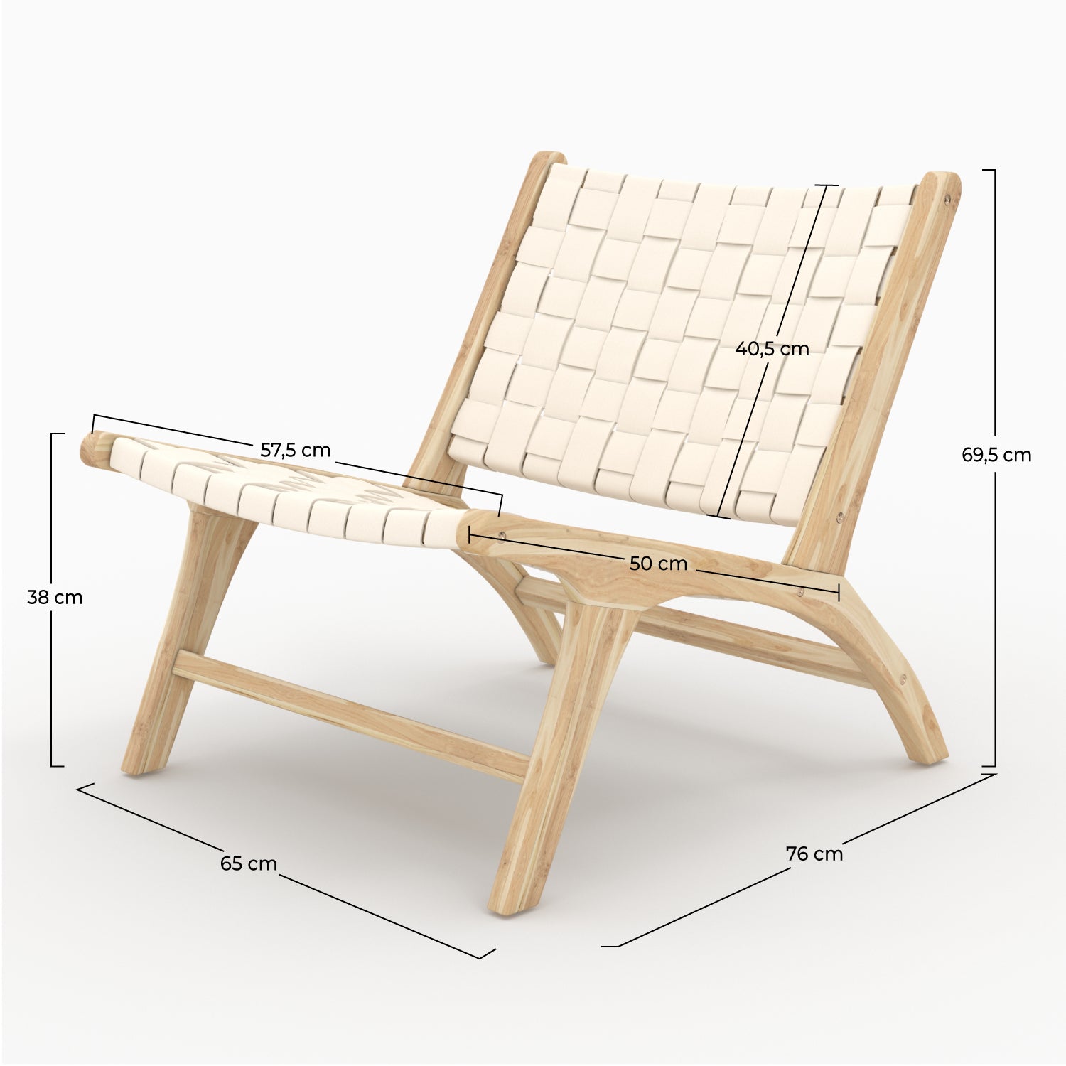 poltrona kuna intrecciata in pelle bianca e legno di teak