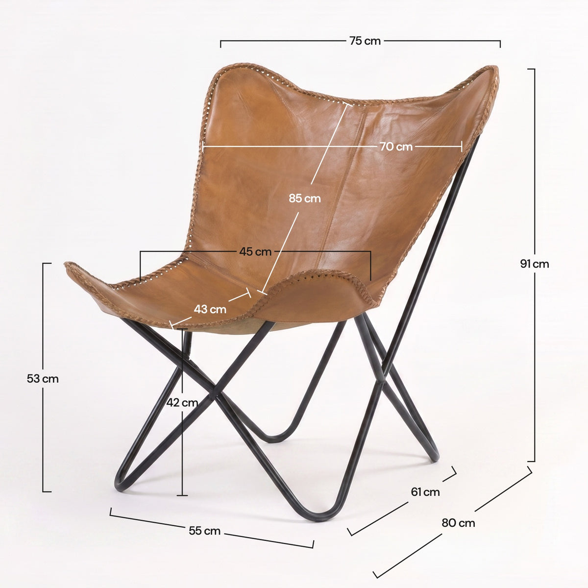 Fauteuil papillon Octave cuir buffle marron dimensions détaillée – Maison Pavane