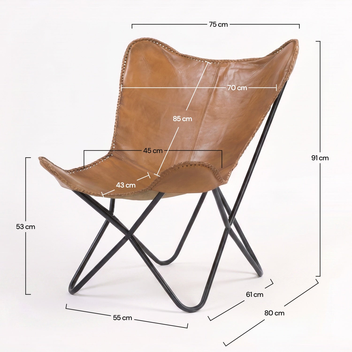 Dimensions du fauteuil papillon Octave en cuir de buffle marron - Maison Pavane