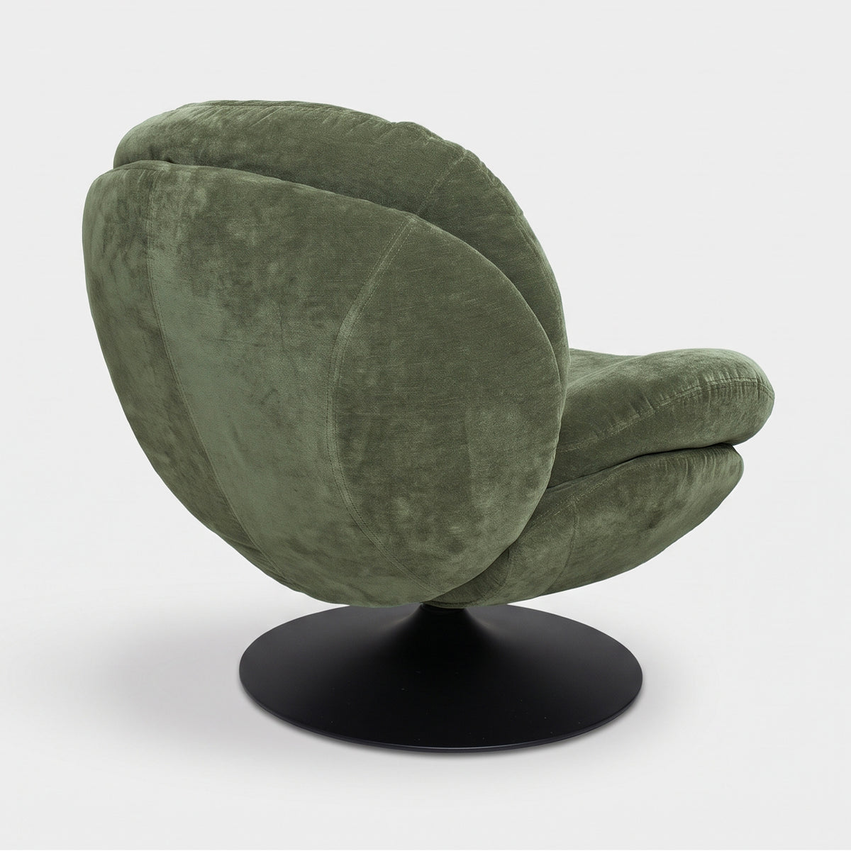 Fauteuil Ricci pivotant en tissu effet velours vert kaki, vue trois-quarts arrière - Maison Pavane