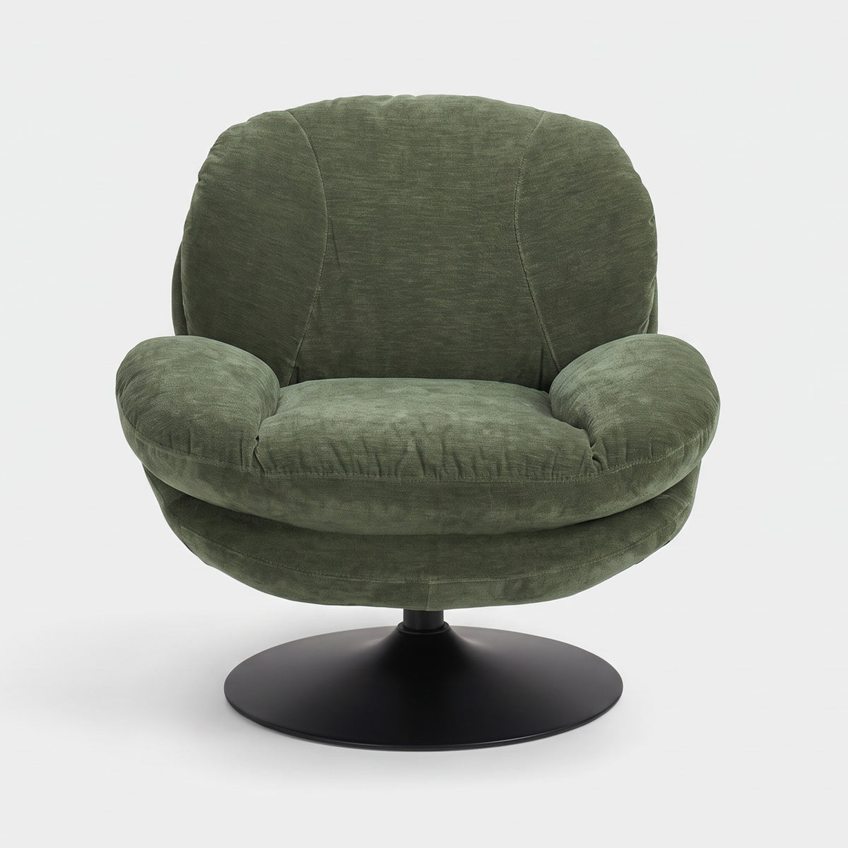 Fauteuil Ricci pivotant en tissu effet velours vert kaki, vue de face - Maison Pavane