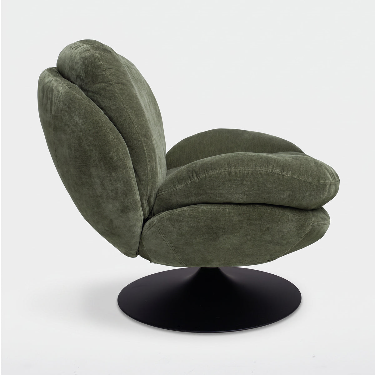 Fauteuil Ricci pivotant en tissu effet velours vert kaki, vue de profil - Maison Pavane