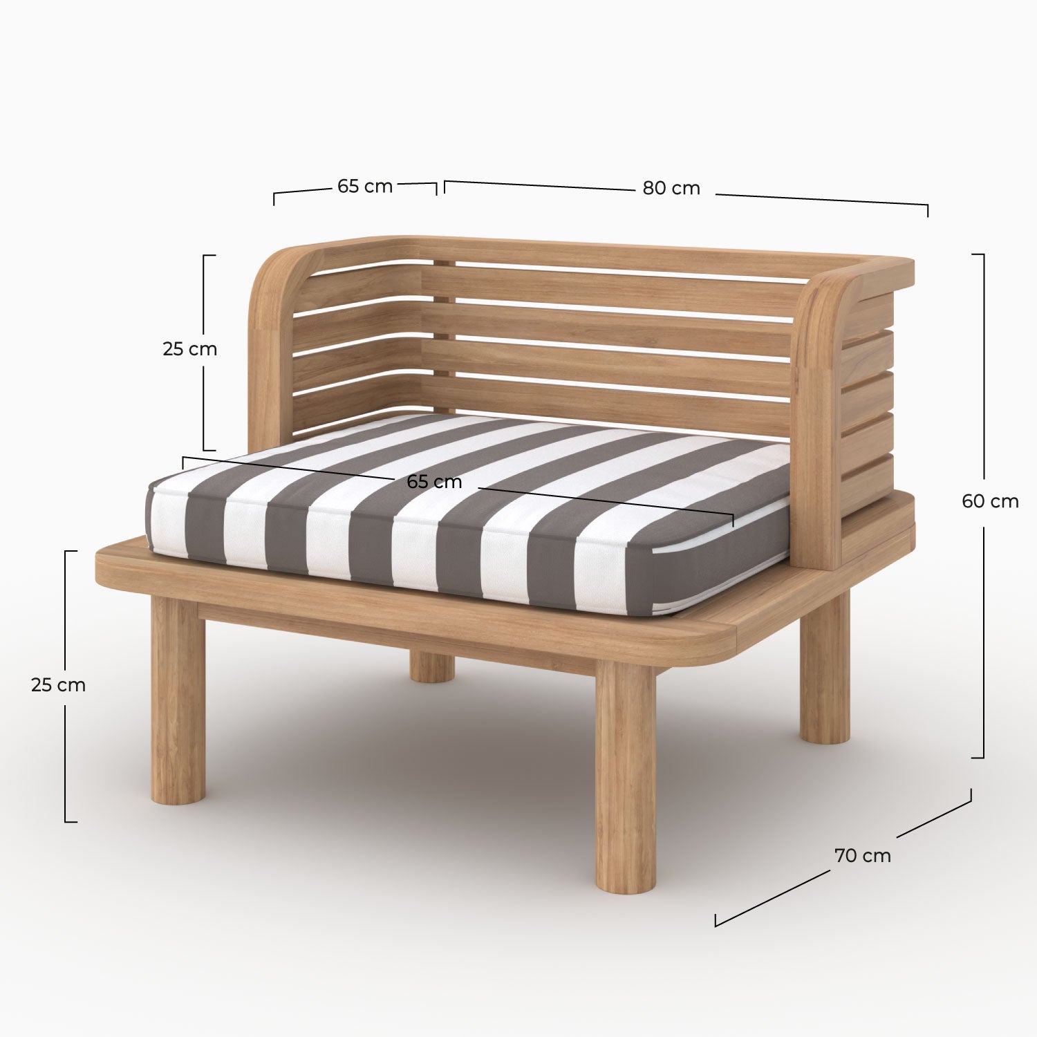 Fauteuil teck massif jardin Kilda coussin rayé gris