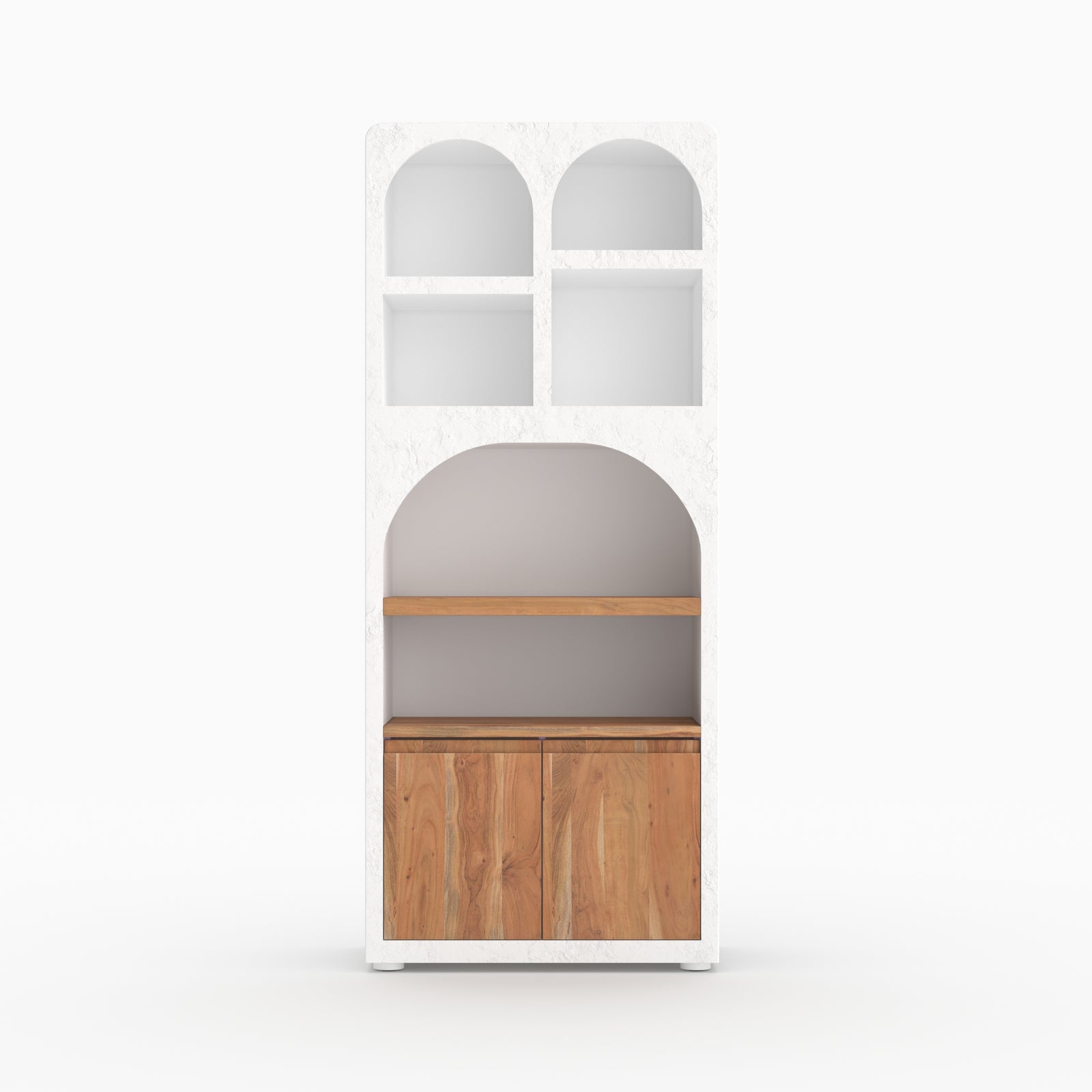 Fira bibliotheque plâtre blanc ivoire niche grecque bois acacia vue face