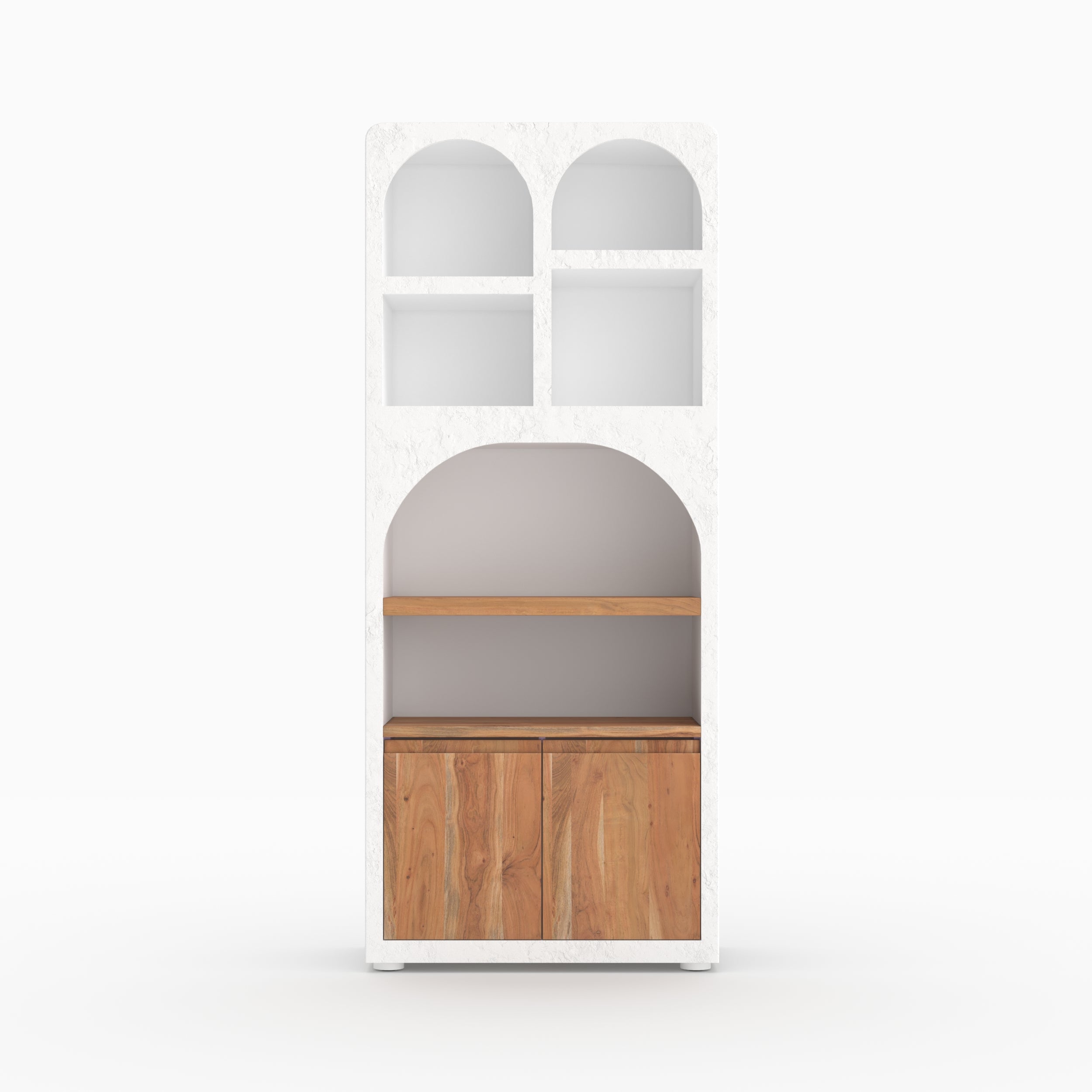Fira bibliotheque plâtre blanc ivoire niche grecque bois acacia vue face