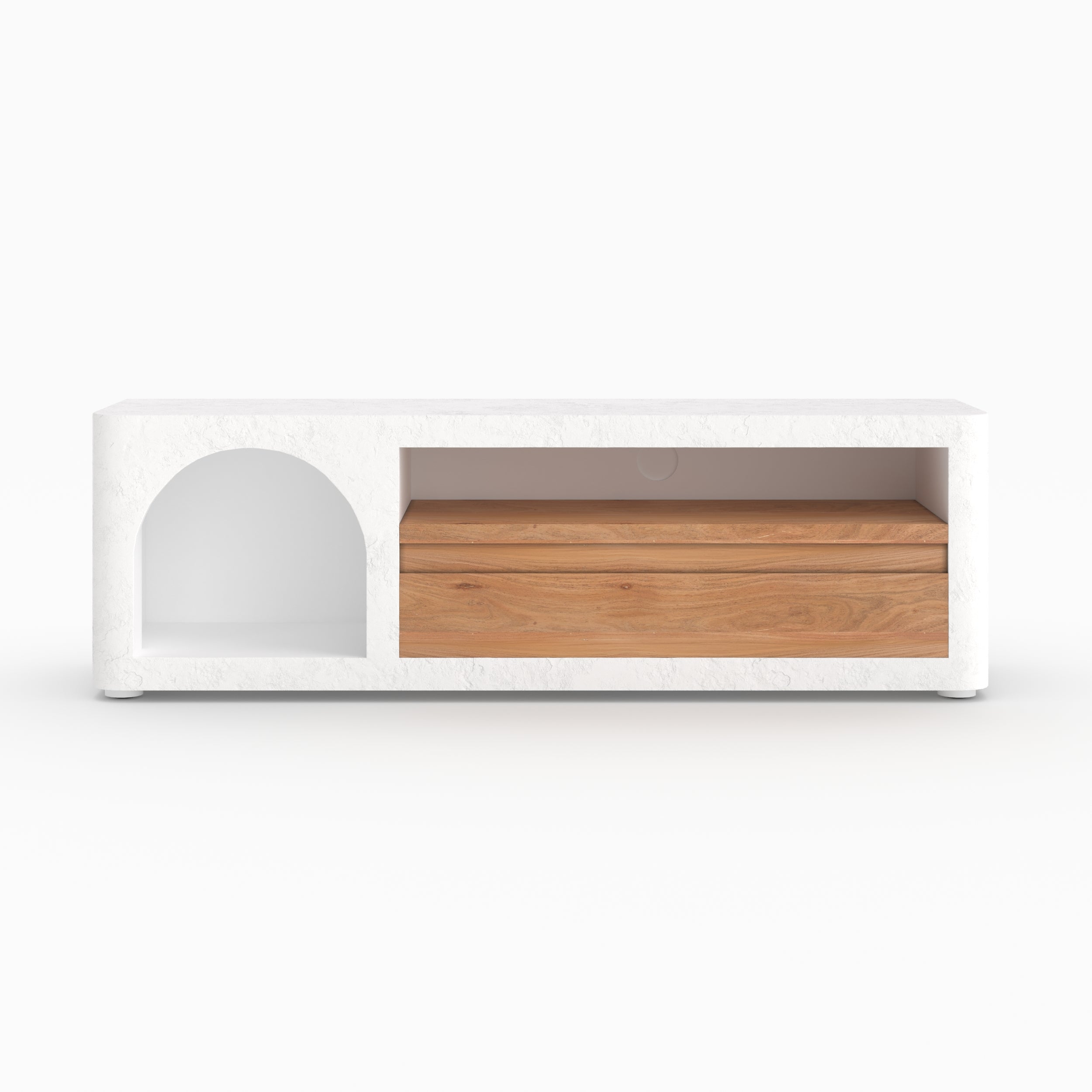 Fira meuble rangement tv plâtre blanc cassé niche grecque tiroir