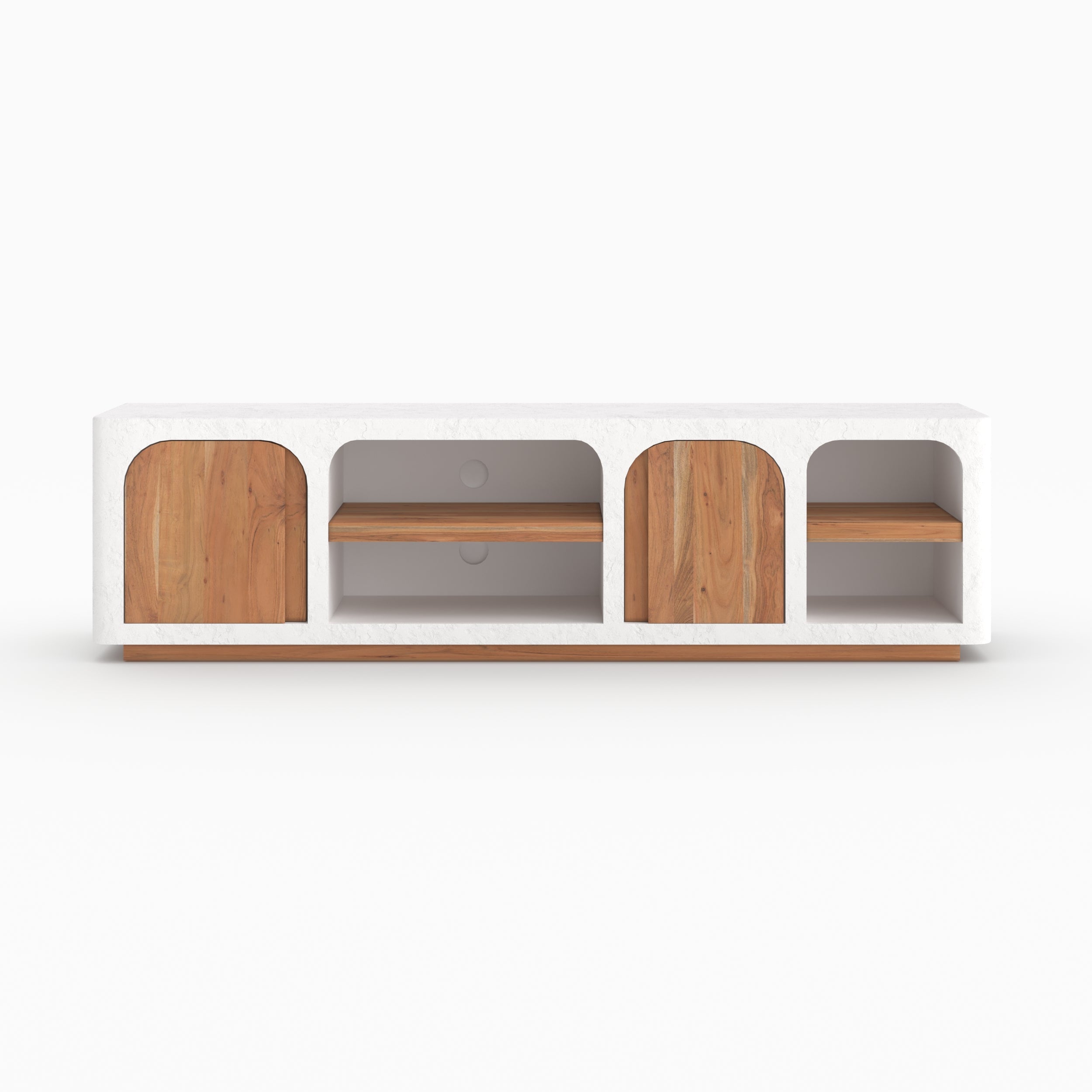 Fira meuble television plâtre blanc cassé 180cm portes acacia niche grecque vue face