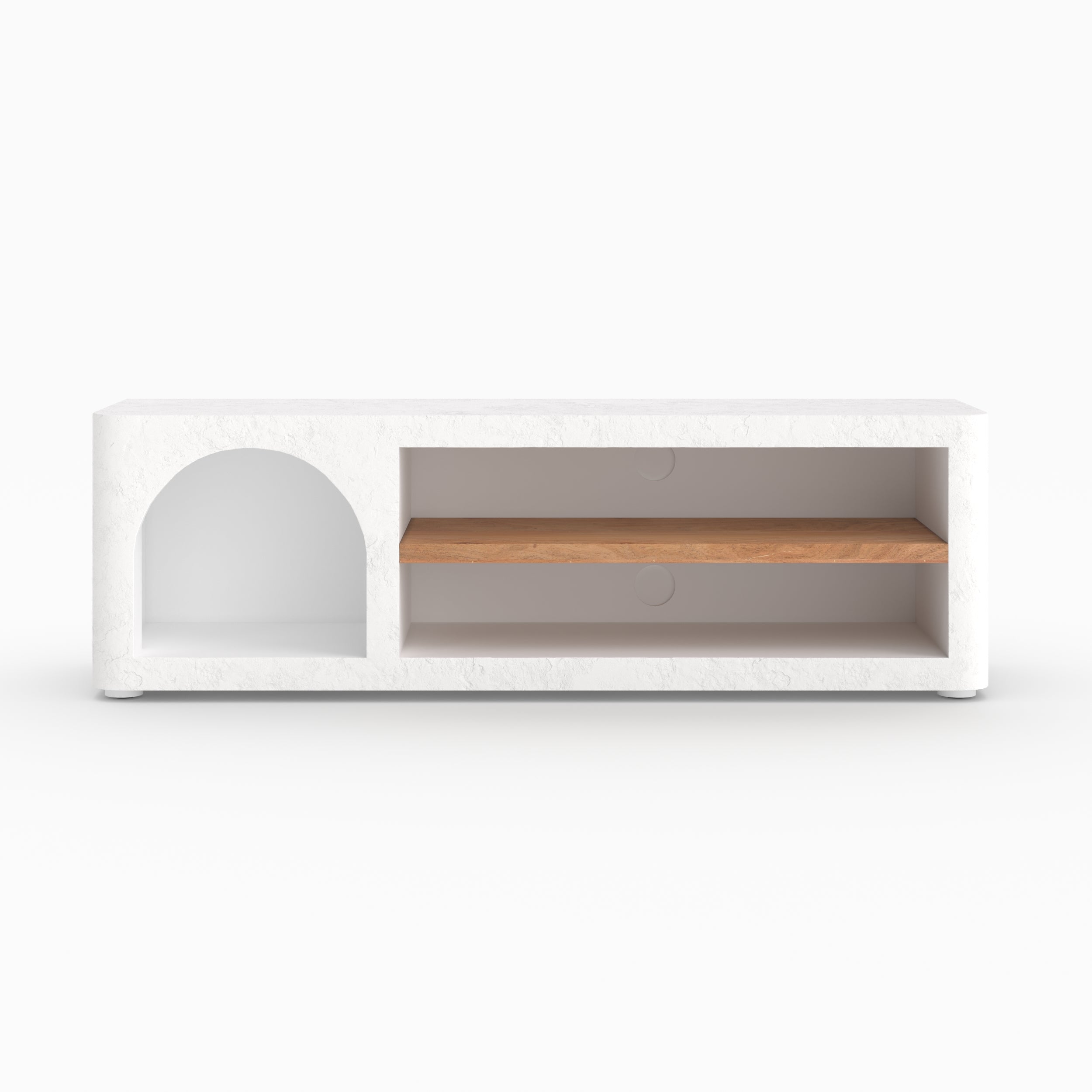 Fira meuble television plâtre blanc cassé niche grecque étagères acacia vue face