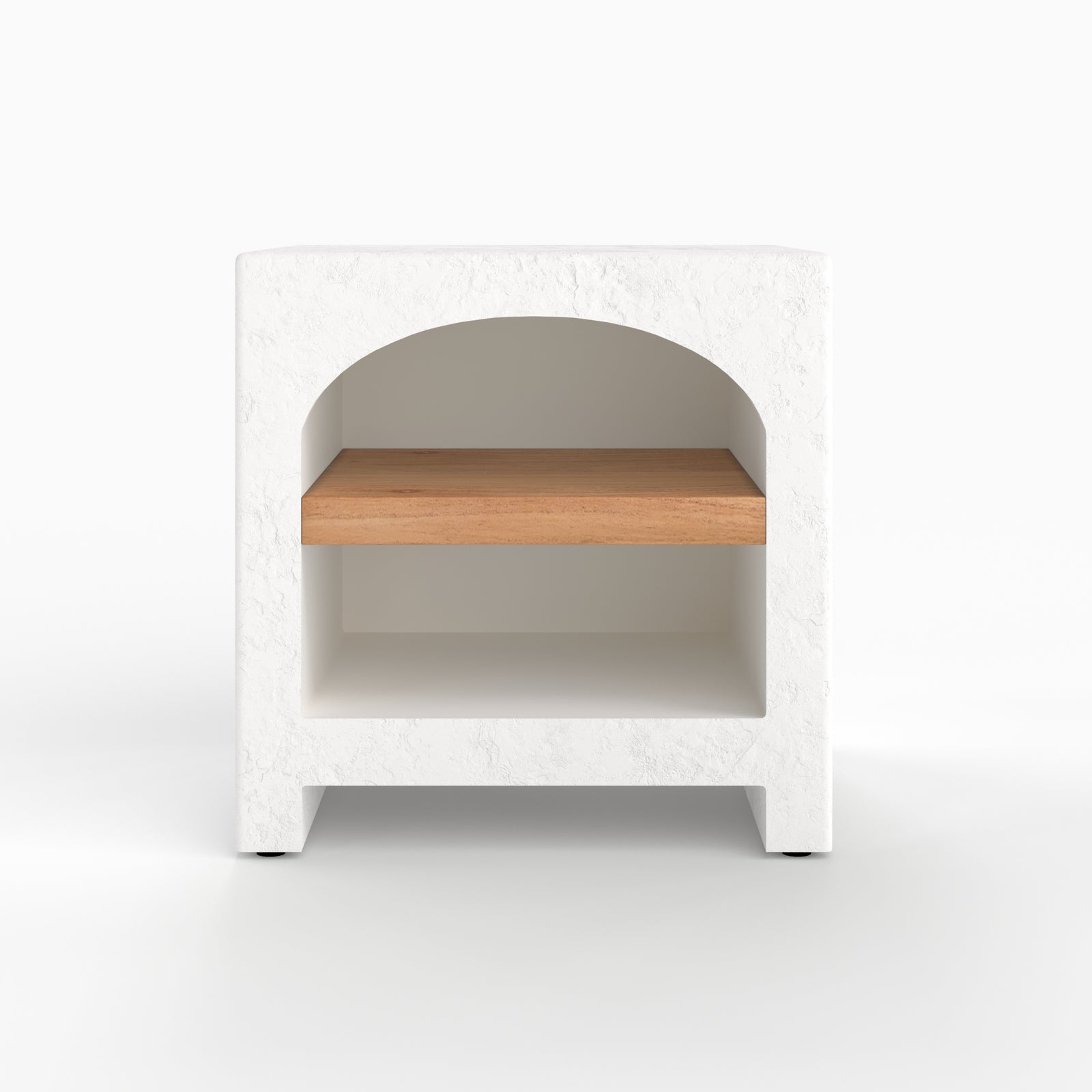 Fira table chevet plâtre blanc ivoire niche grecque plateau acacia vue face