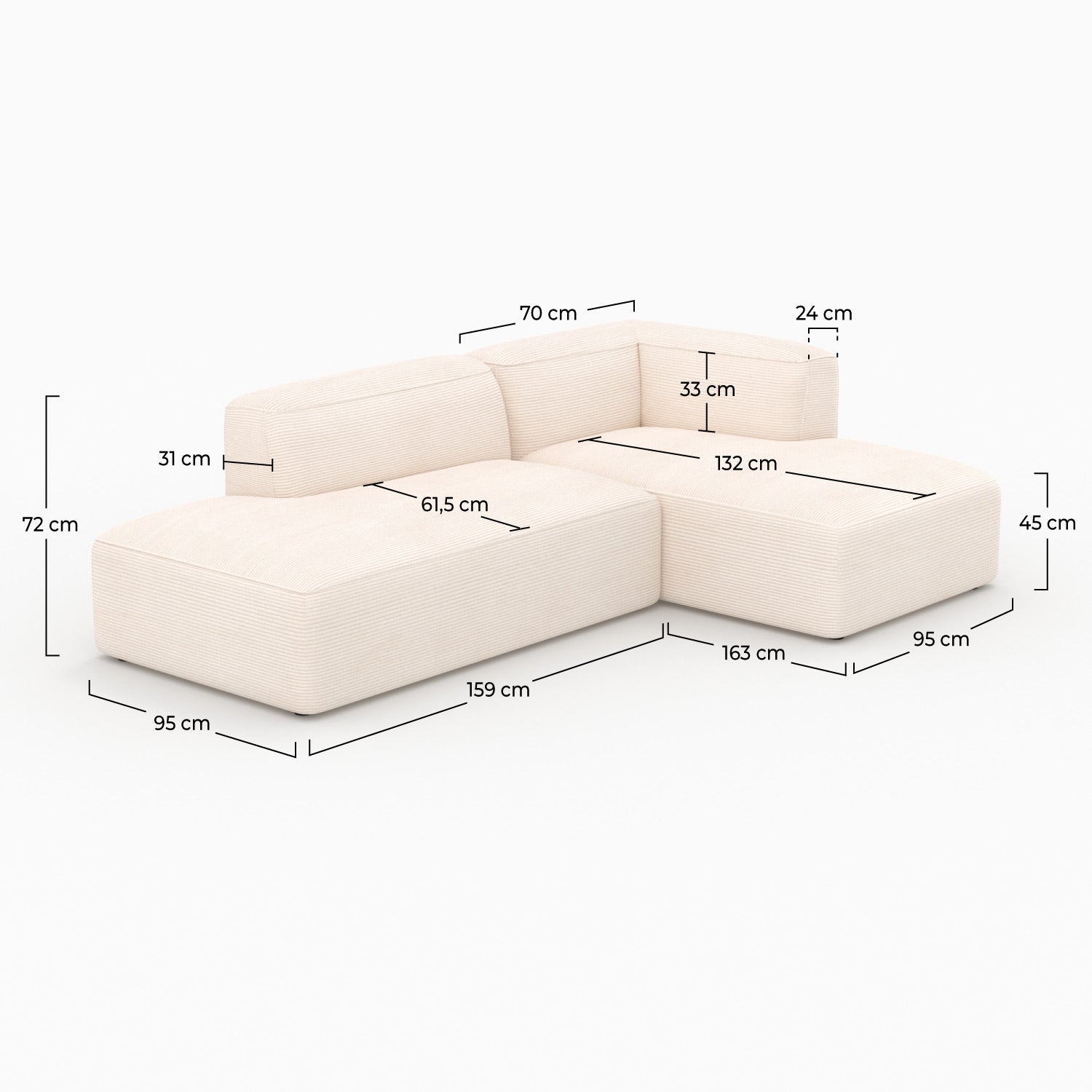 Grand canapé modulable en velours côtelé blanc 4 personnes