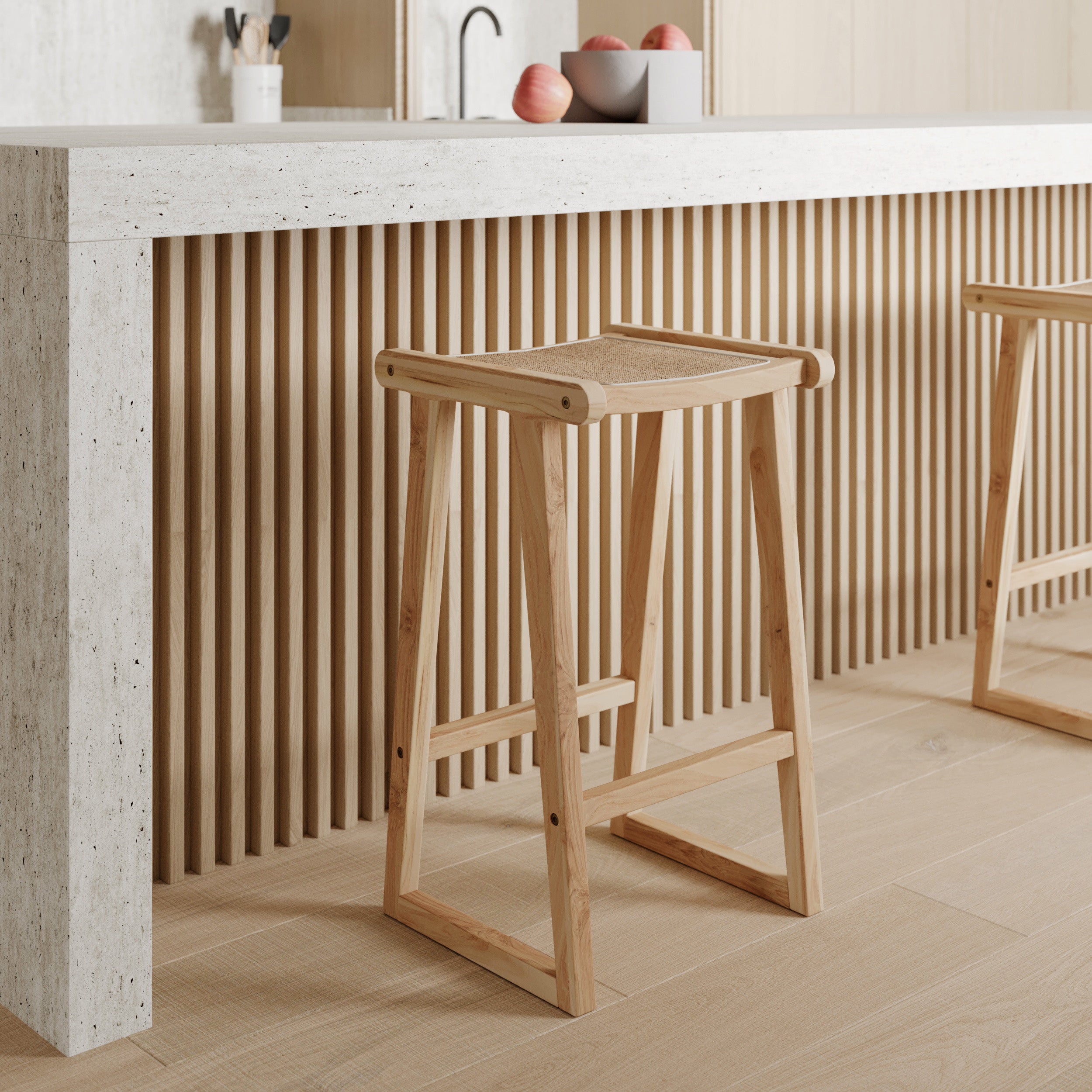 haida tabouret de bar en teck et rotin 66 cm
