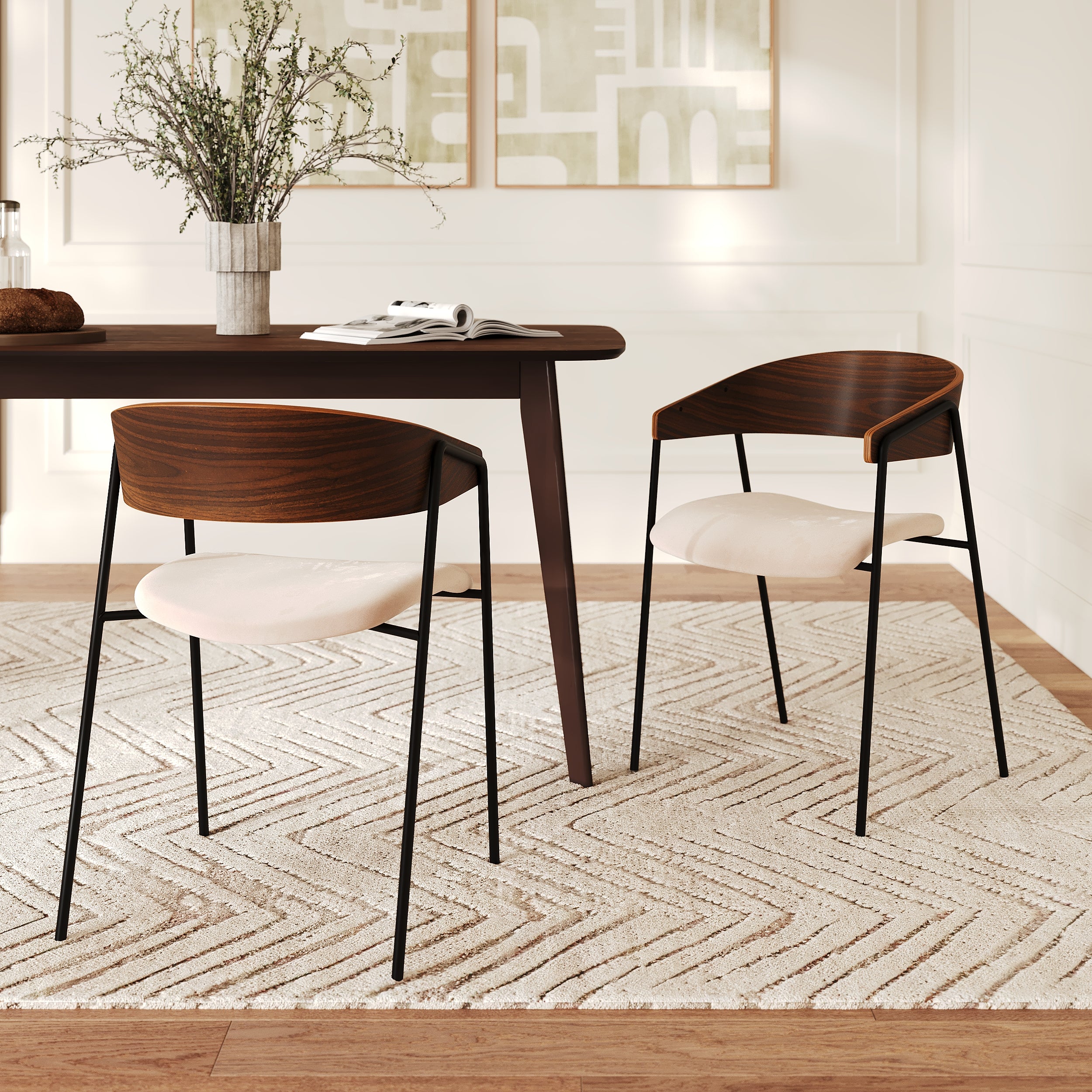 Juyan 2 chaises bois foncé et tissu blanc
