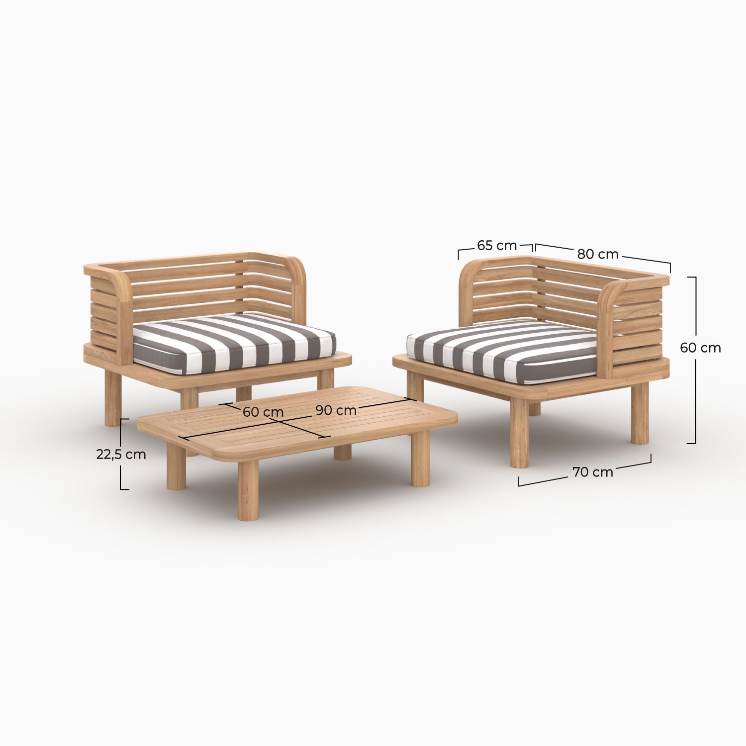 Kilda ensemble jardin 2 places teck fauteuils tissu gris