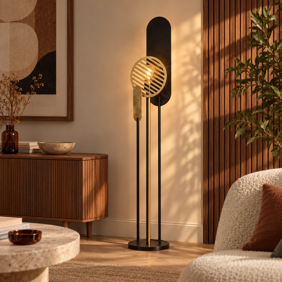 Lampadaire Totem en métal noir et doré H146 cm, allumé dans un salon aux murs en lambris bois à côté d'un fauteuil blanc