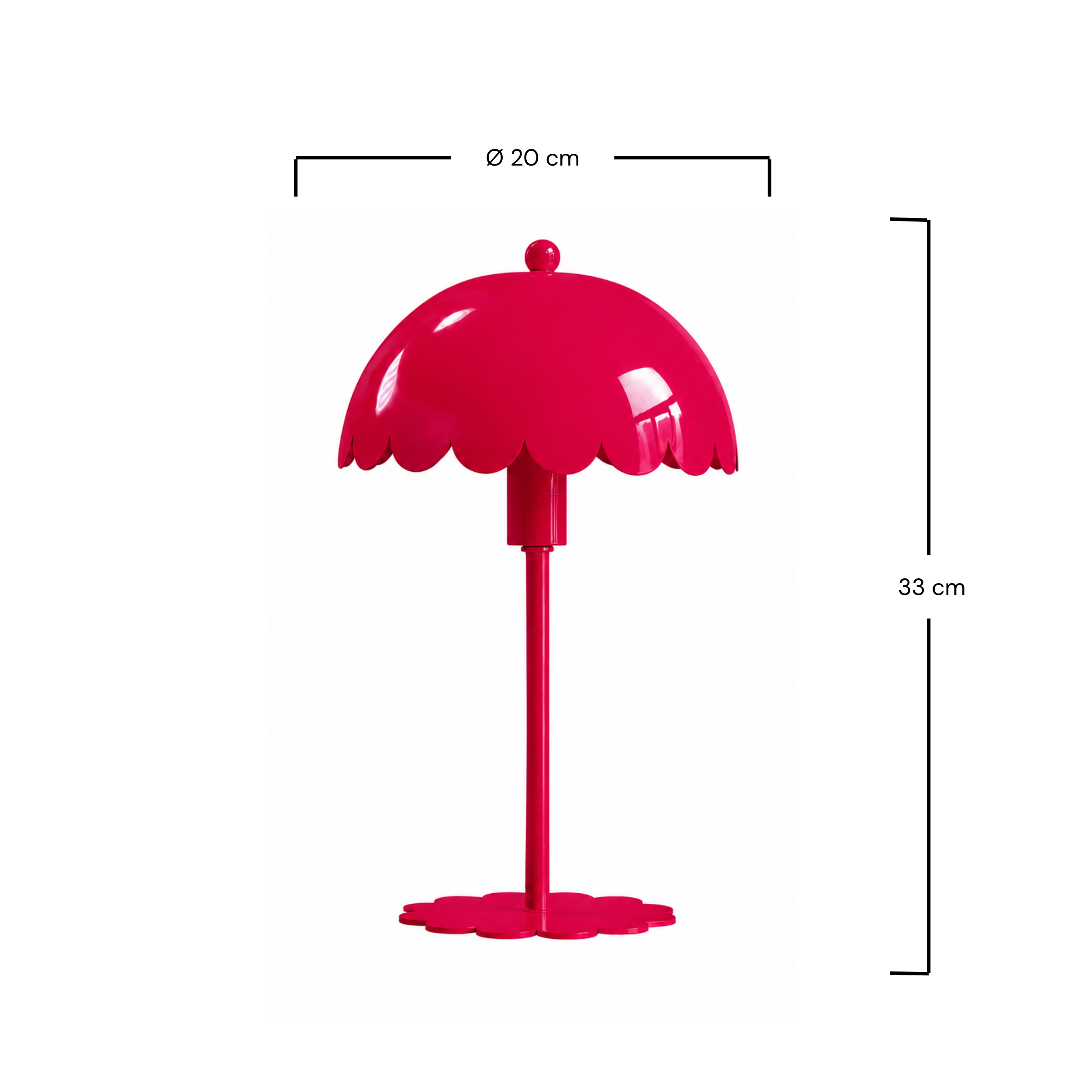Dimensions de la lampe à poser Margot en métal framboise, diamètre 20 cm et hauteur 33 cm - Maison Pavane