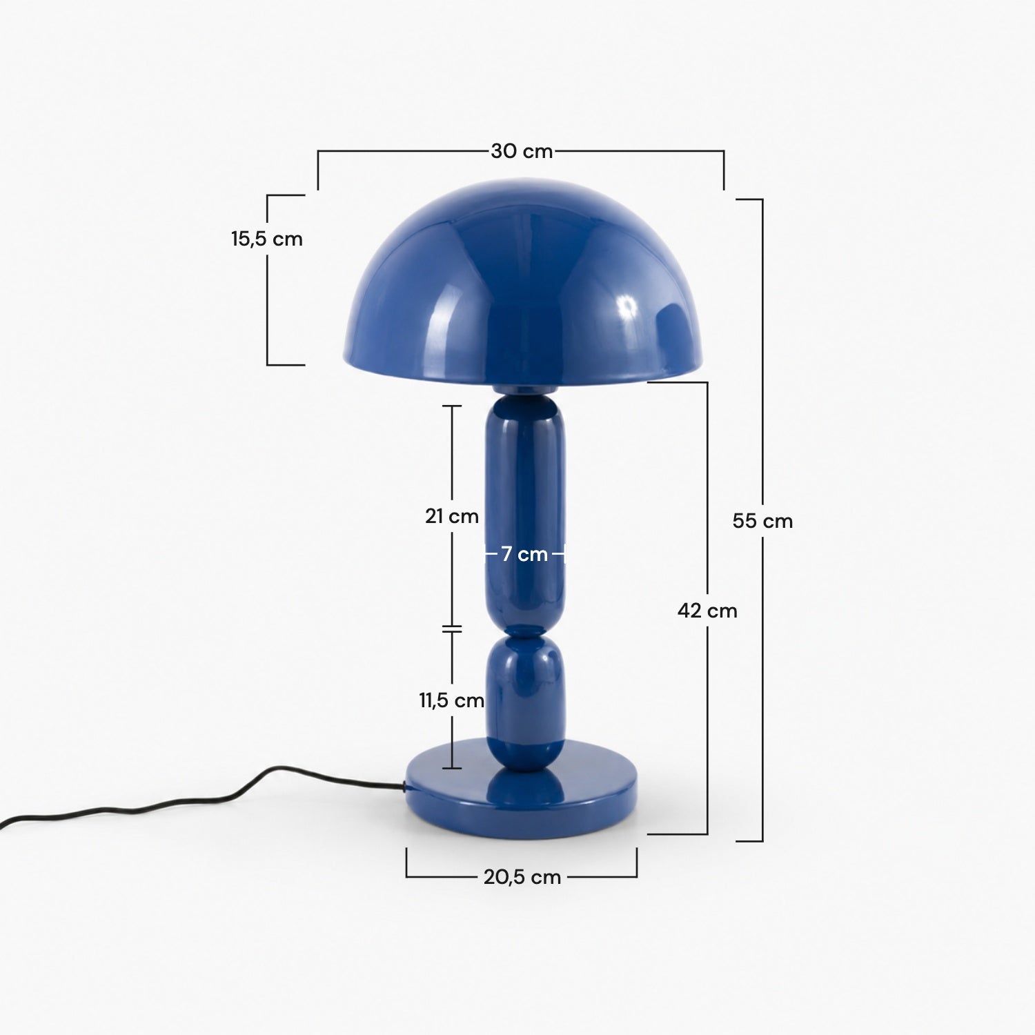 Dimensions de la lampe Romy en bois et métal bleu foncé - Maison Pavane