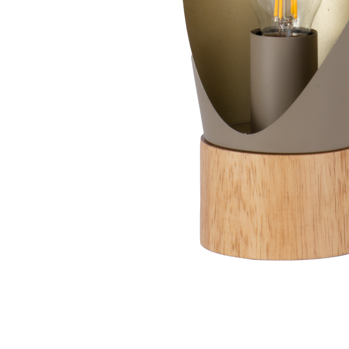 Détail de la douille et du socle en bois de la lampe à poser Spoon en métal taupe H30 cm - Maison Pavane