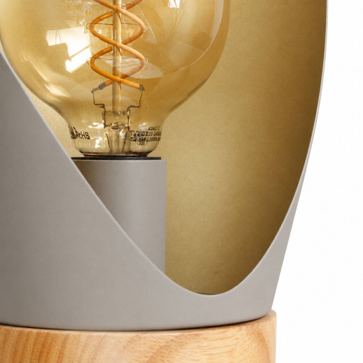 Détail de l'ampoule et de la douille de la lampe à poser Spoon en métal taupe H44 cm - Maison Pavane