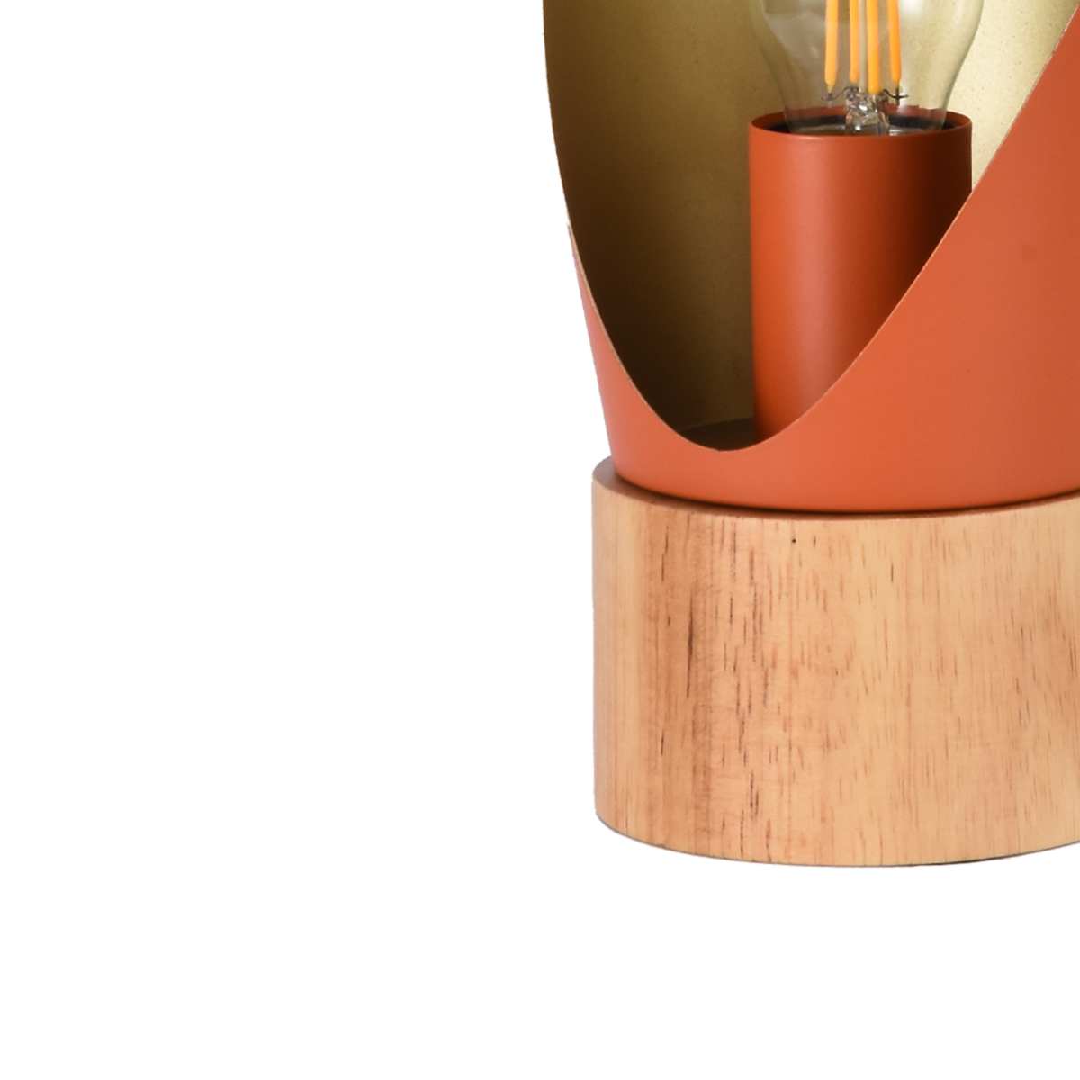 Détail de la douille et du socle en bois de la lampe à poser Spoon en métal terracotta H30 cm - Maison Pavane
