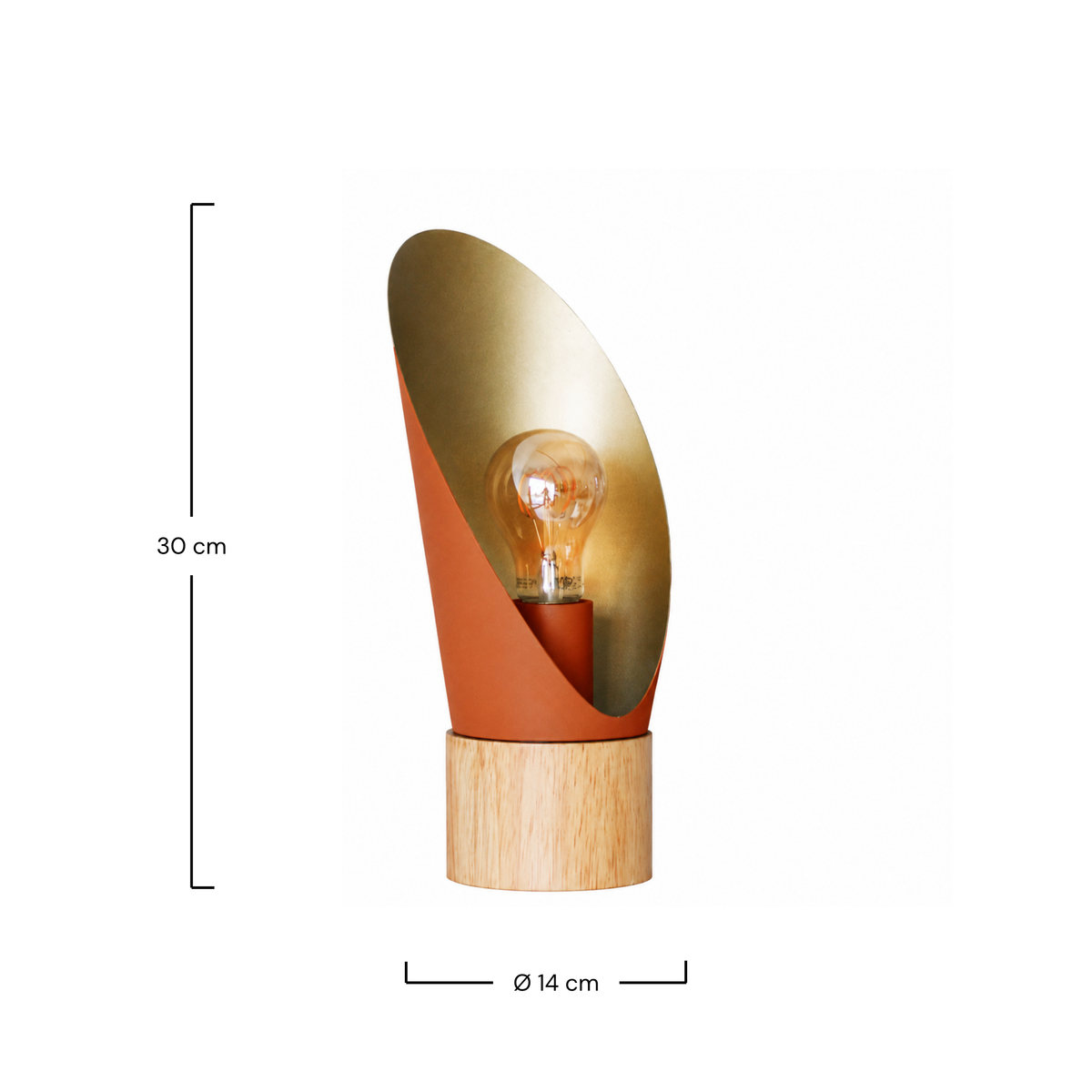 Dimensions de la lampe à poser Spoon en métal terracotta et bois H30 cm - Maison Pavane