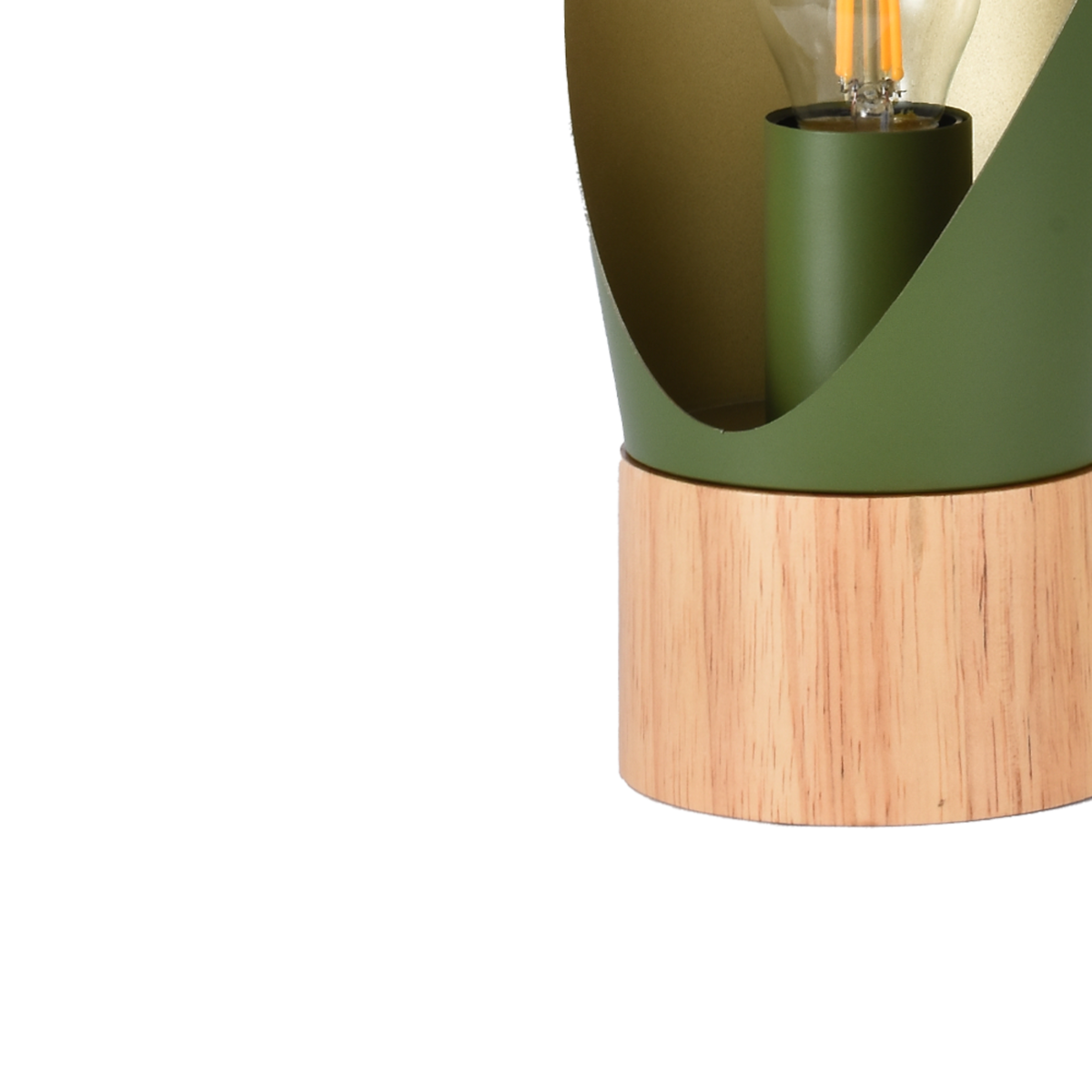 Détail de la douille et du socle en bois de la lampe à poser Spoon en métal vert olive H30 cm - Maison Pavane