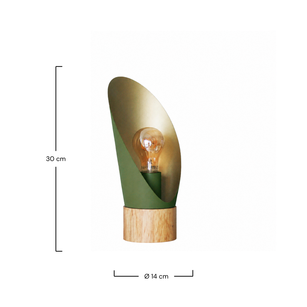 Dimensions de la lampe à poser Spoon en métal vert olive et bois H30 cm - Maison Pavane