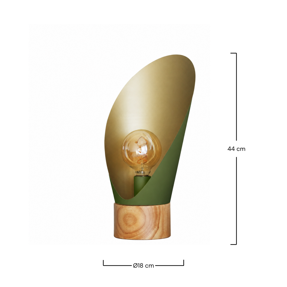 Dimensions de la lampe à poser Spoon en métal vert olive et bois H44 cm - Maison Pavane