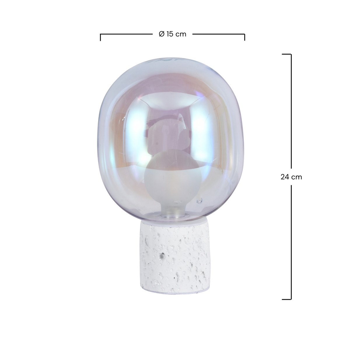 Dimensions de la lampe à poser Bulle en verre irisé et béton blanc - Maison Pavane