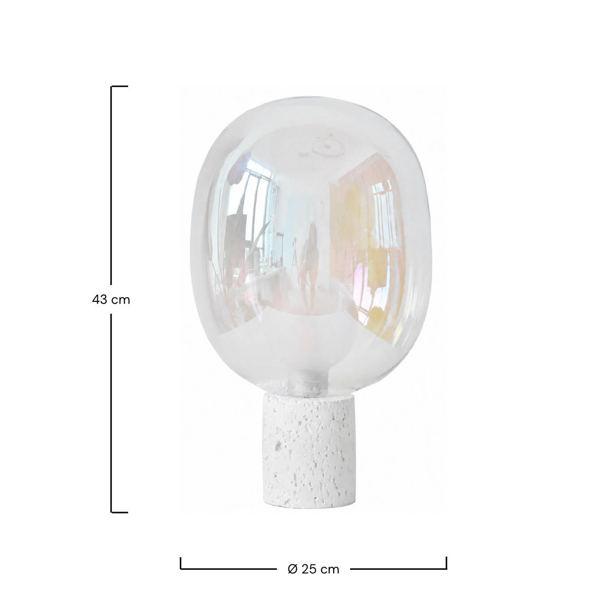 Dimensions de la lampe à poser Bulle en verre irisé et béton blanc - Maison Pavane