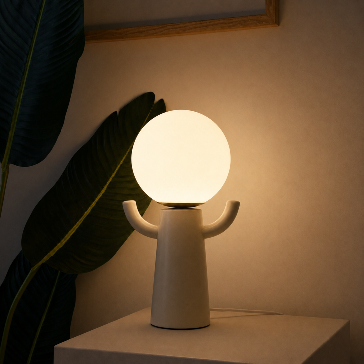 Lampe Paul en céramique et verre opalin blanc cassé allumée, posée sur un socle blanc devant une plante tropicale et un cadre en bois