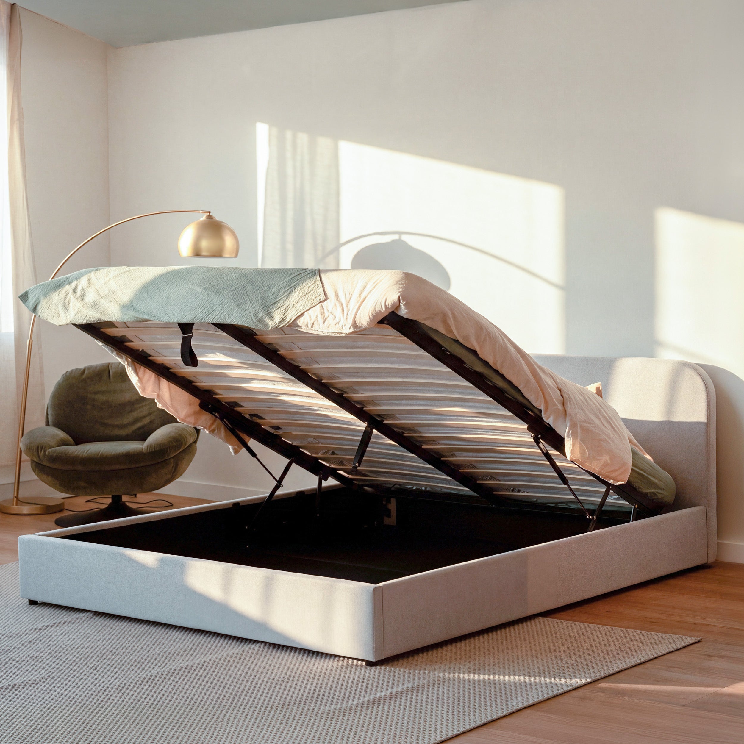 Cama doble Tilly con almacenaje 160x200 cm en tejido gris/beige