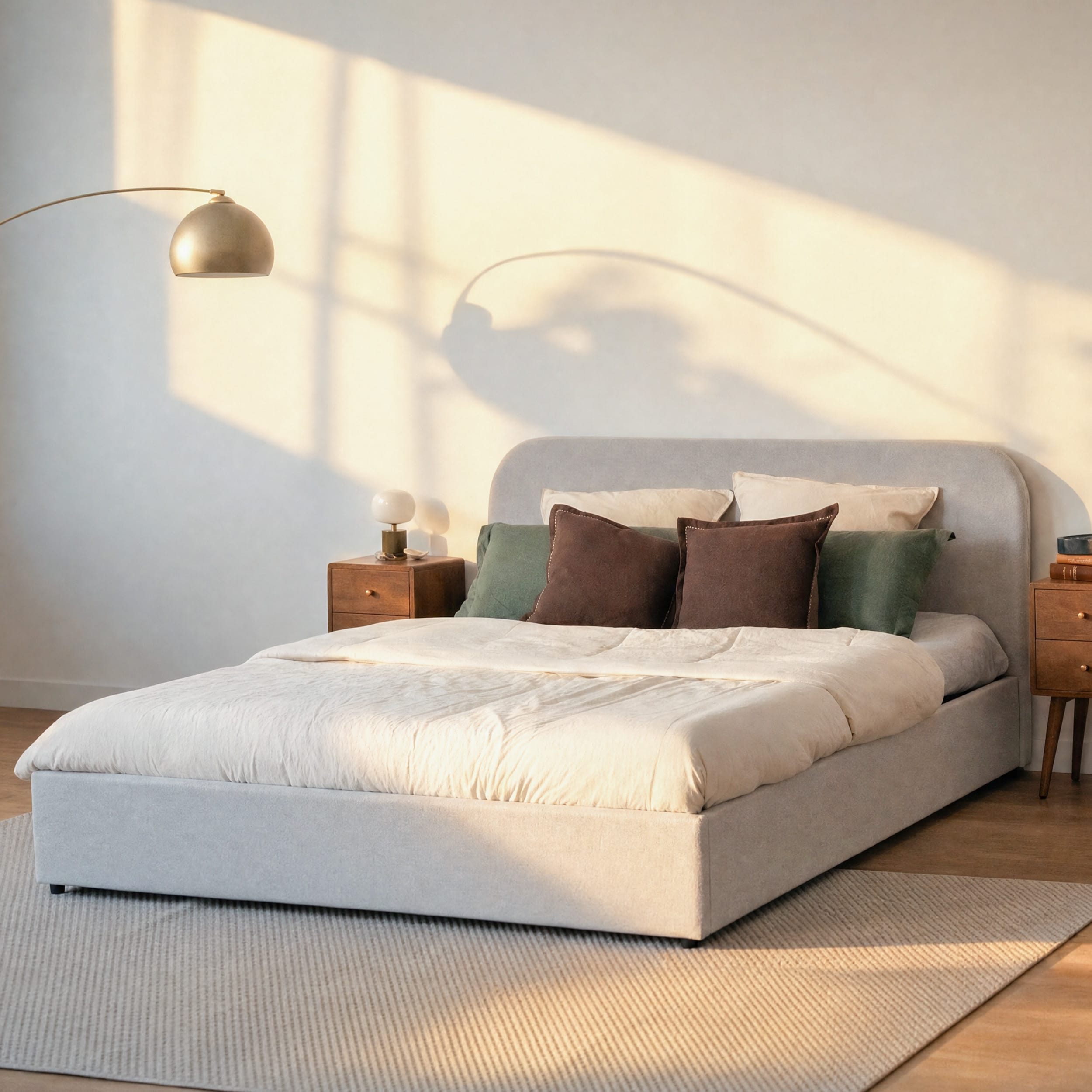 Lit coffre tissu bouclette beige, tête de lit arrondie, coussins verts et bordeaux, lumière naturelle dorée – Maison Pavane