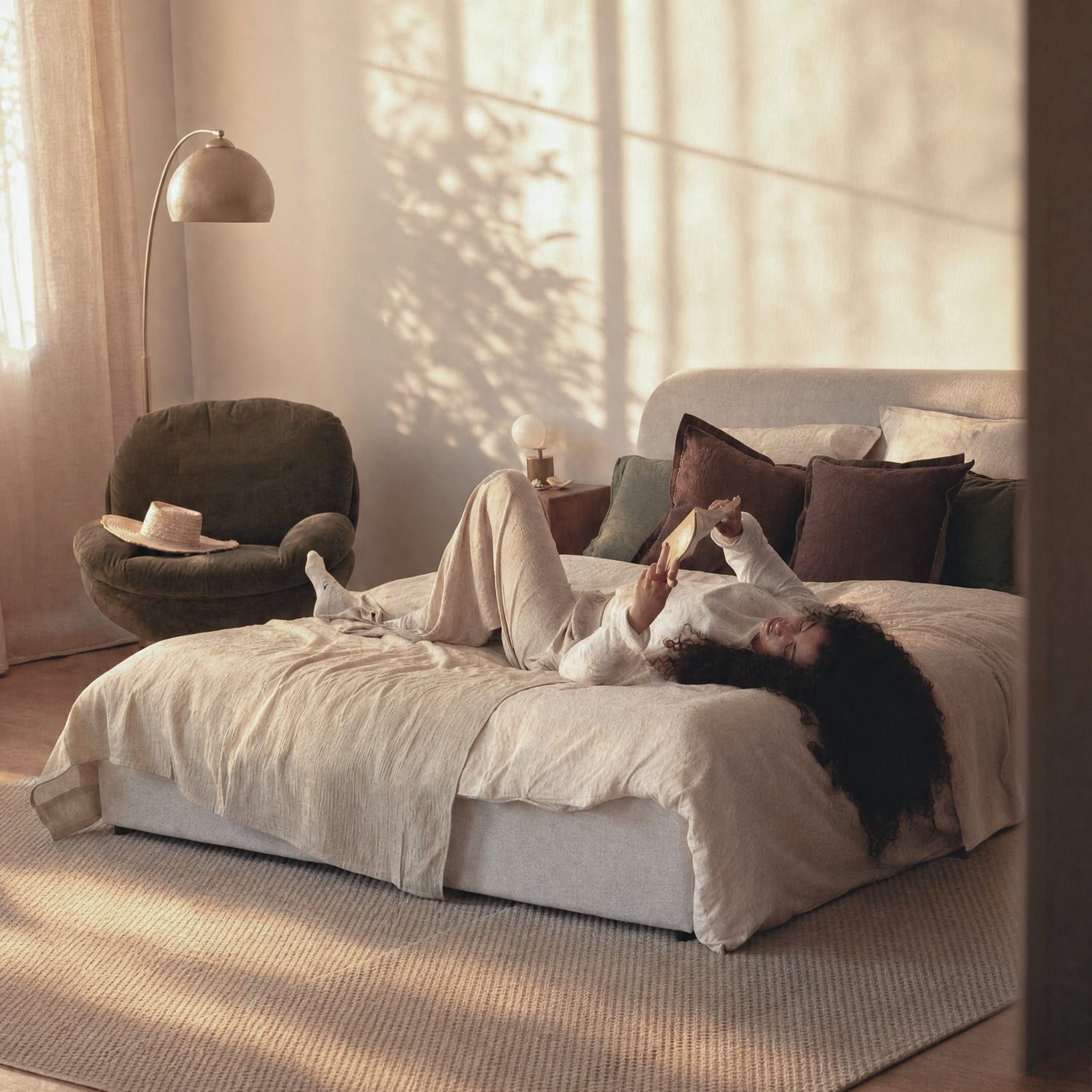 Lit double rembourré en bouclette beige, linge de lit en lin naturel, ambiance chambre chaleureuse lumière dorée – Maison Pavane