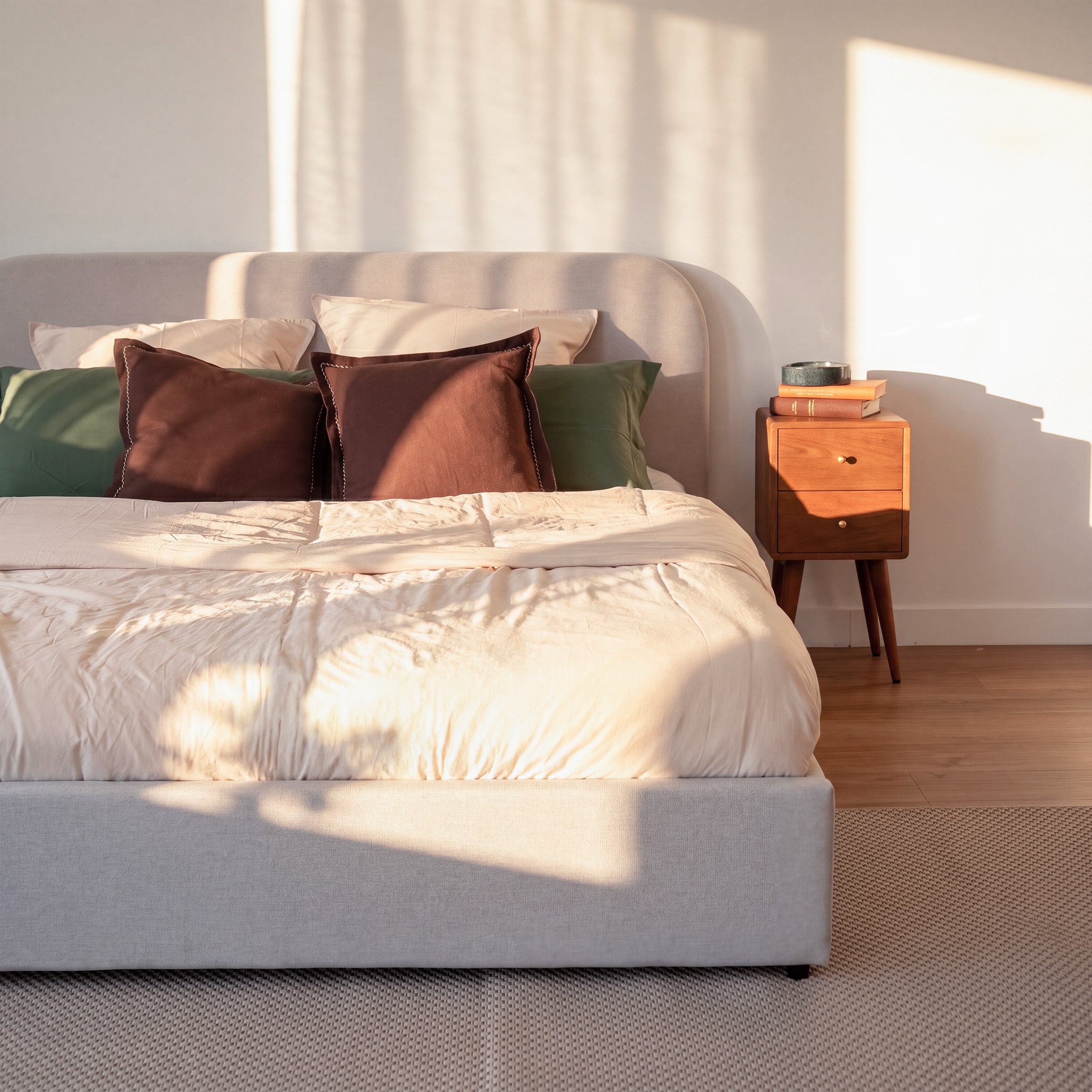 Cama doble Tilly con almacenaje 160x200 cm en tejido gris/beige