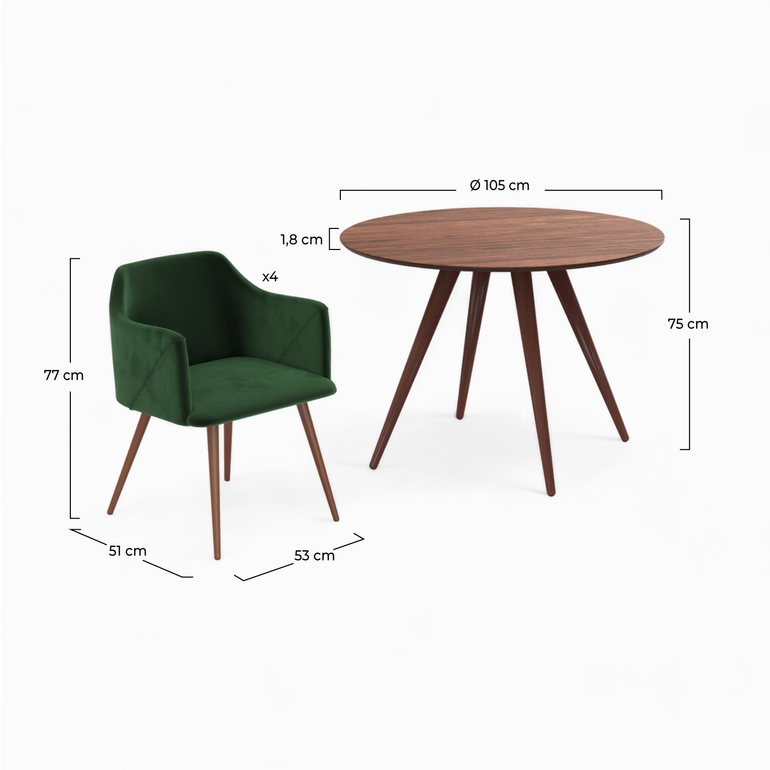 liwa pack tavolo e sedie in velluto verde e legno per 4 persone