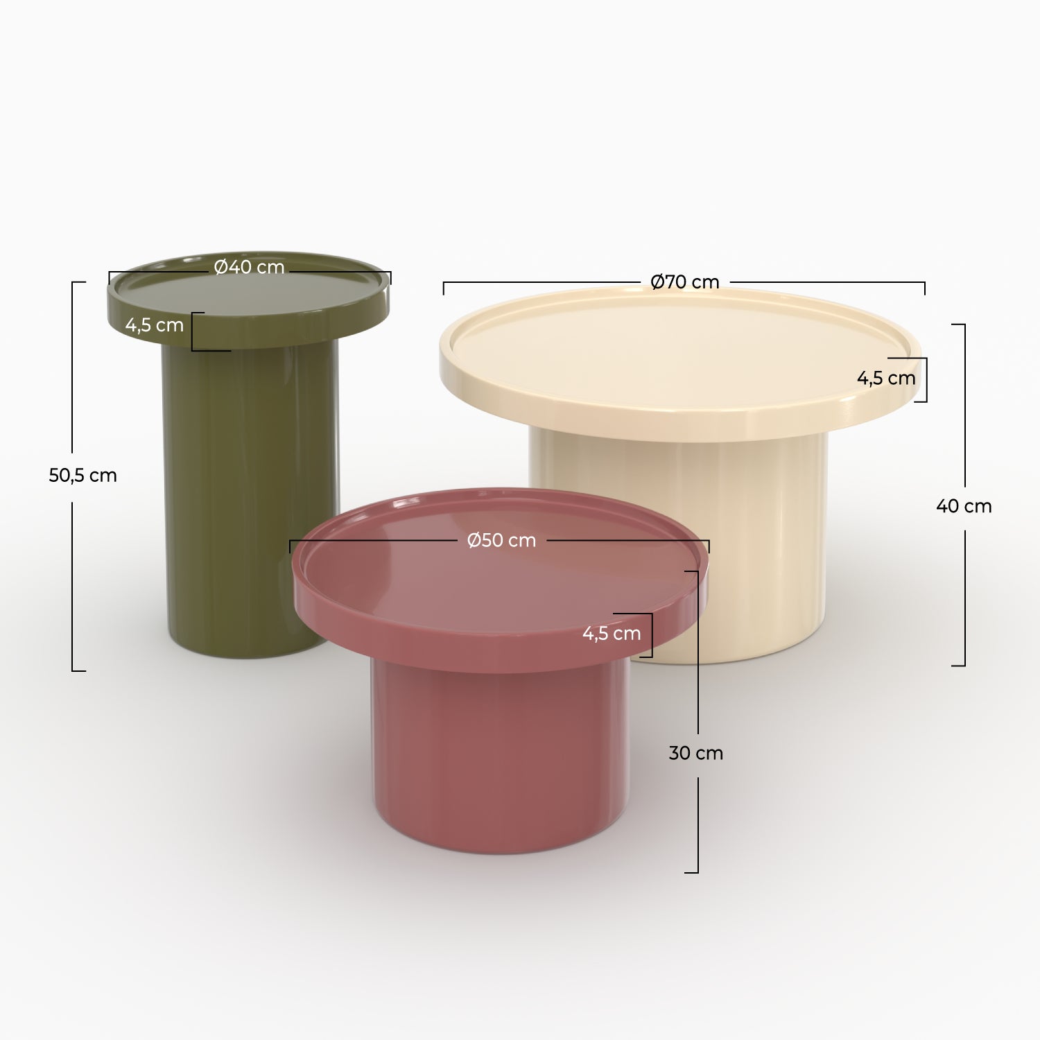 Lot de 3 tables basses Nora laquées blanches, vert olive et rouge foncé en MDF