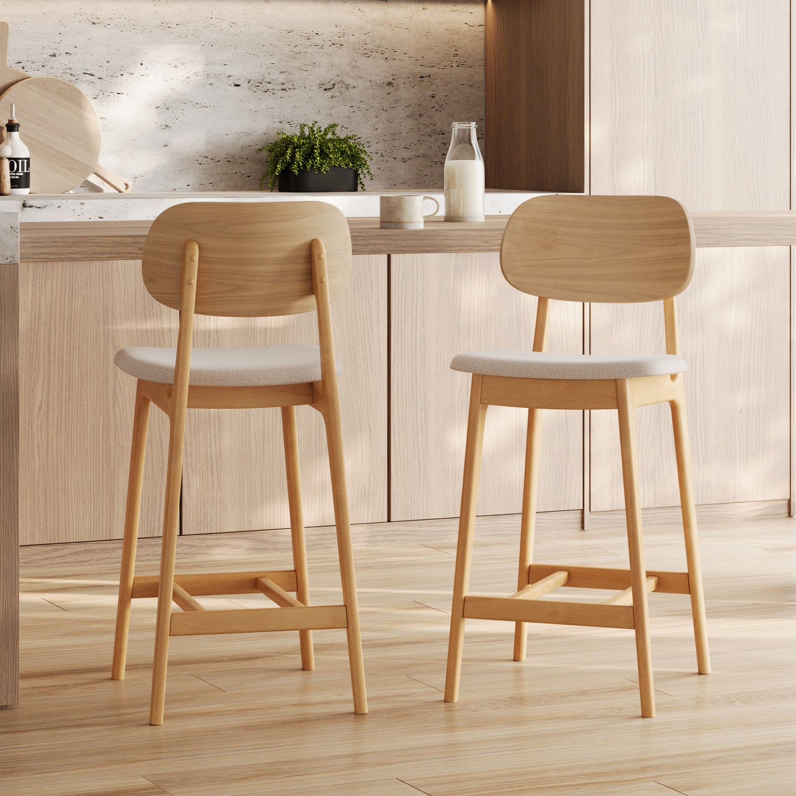 lot de 2 chaise de bar charlize 66 cm en bois clair et tissu beige