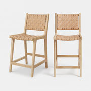 Lot de 2 chaises pour îlot central Kuna 66,5 cm en teck et cuir tressé beige - Maison Pavane