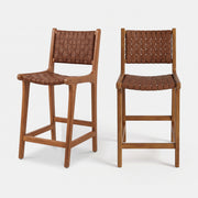 Lot de 2 chaises pour îlot central Kuna 66,5 cm en teck et cuir tressé marron - Maison Pavane