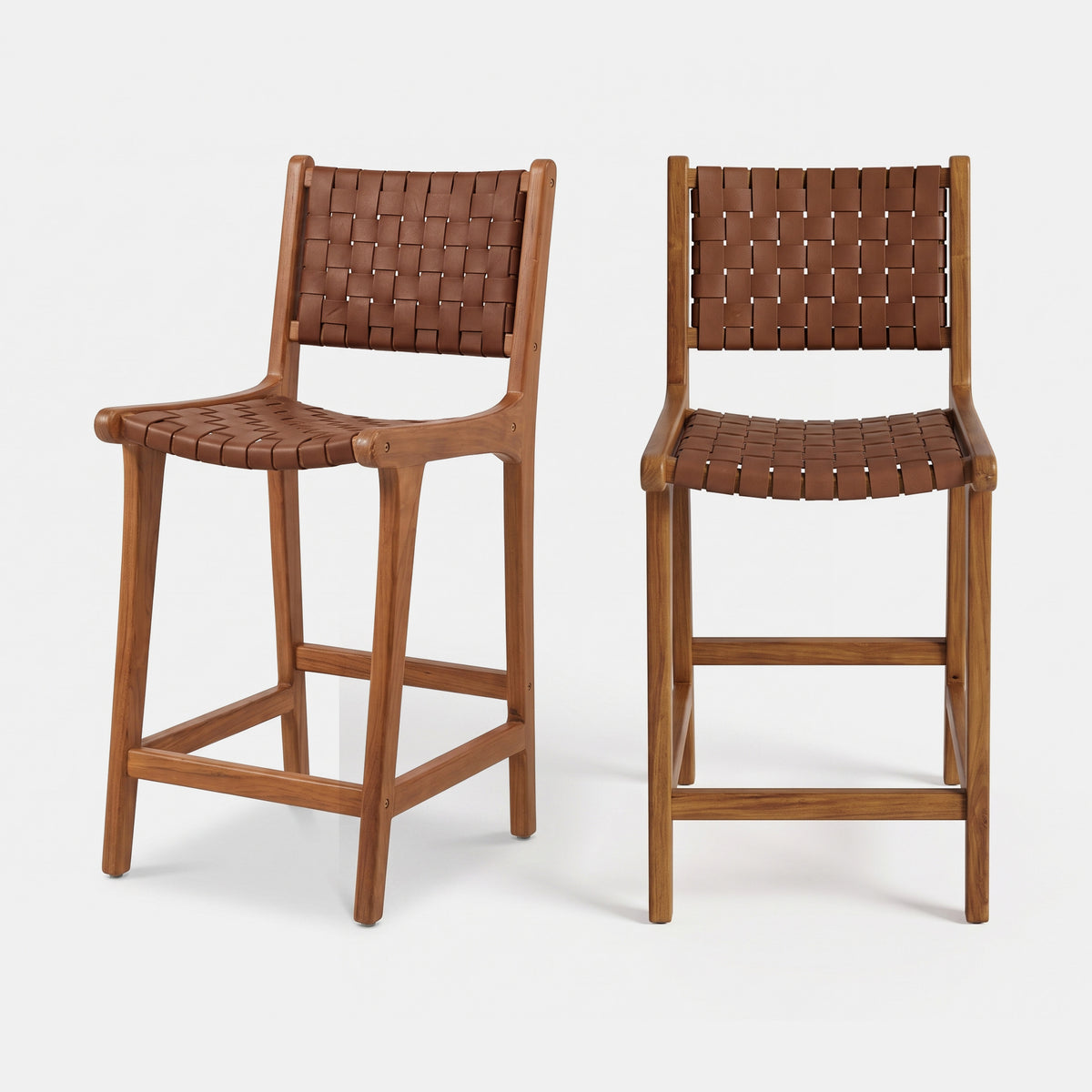 Lot de 2 chaises pour îlot central Kuna 66,5 cm en teck et cuir tressé marron - Maison Pavane