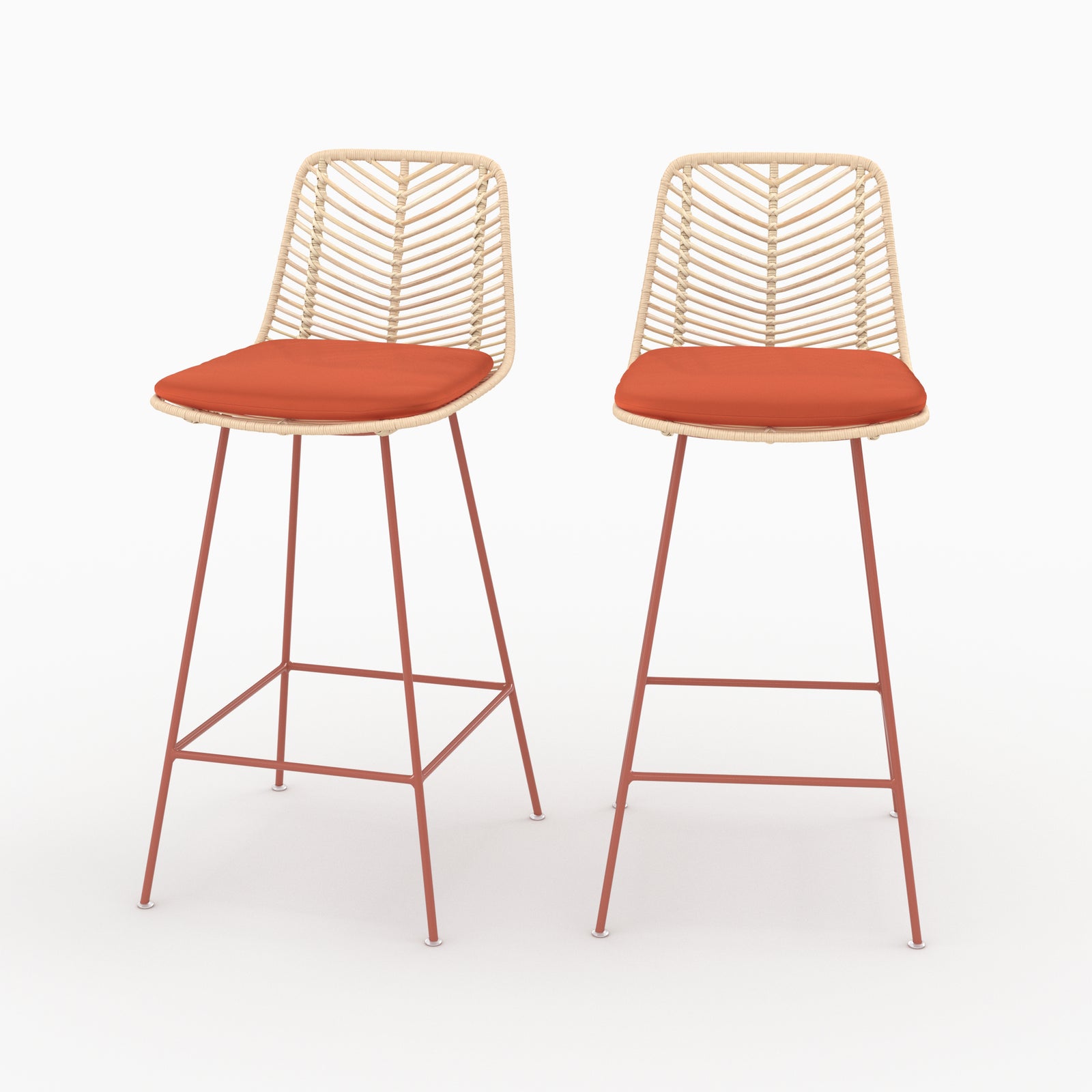 Lot de 2 chaises pour îlot central Tamara en rotin et tissu orange vermillon - Maison Pavane