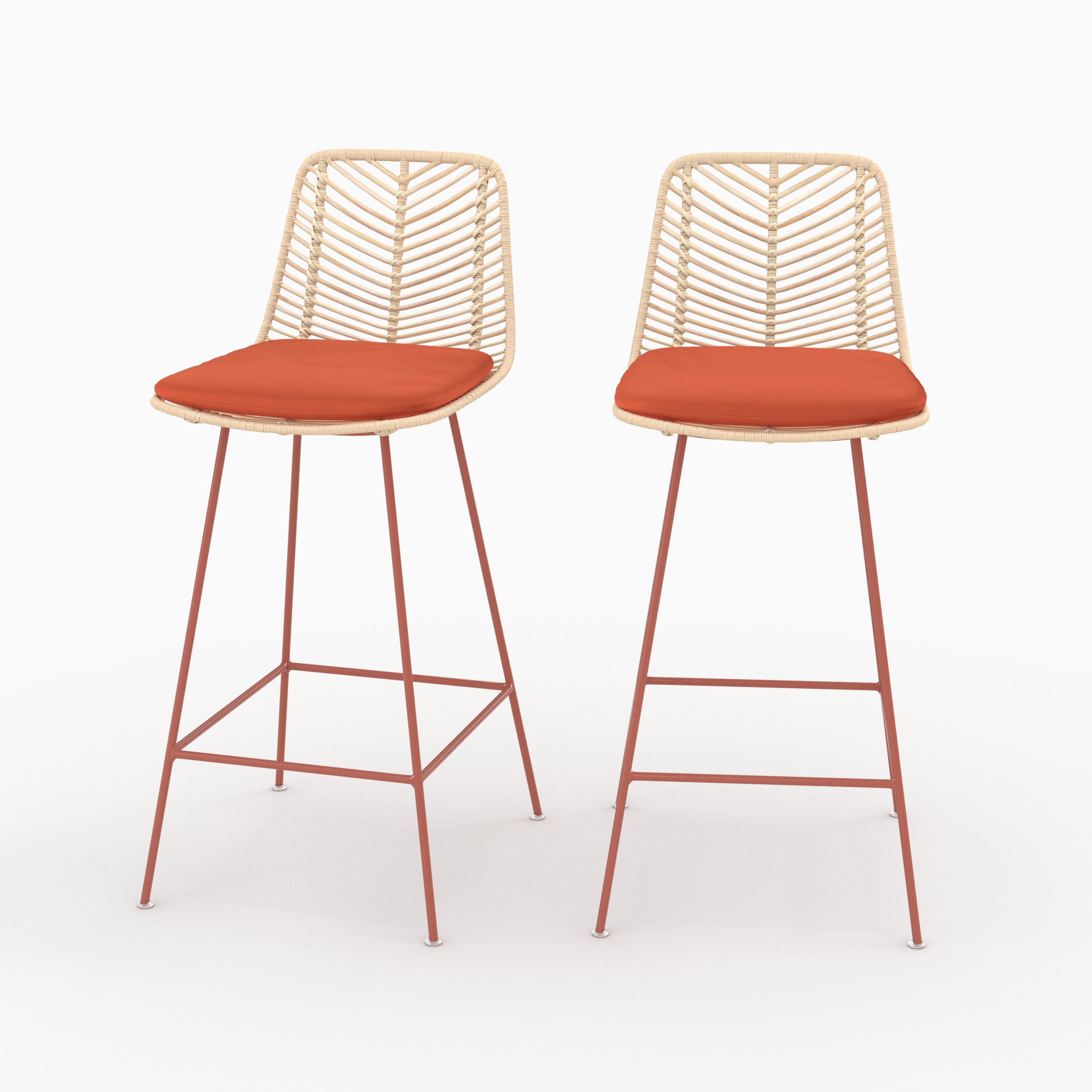 Lot de 2 chaises pour îlot central Tamara en rotin et tissu orange vermillon - Maison Pavane