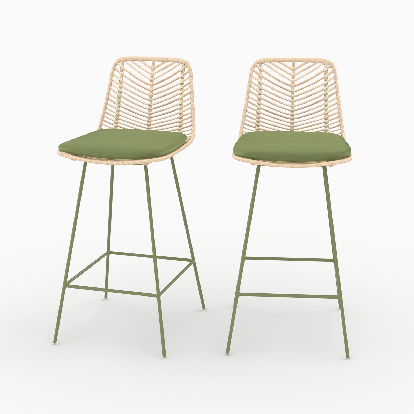 Lot de 2 chaises pour îlot central Tamara en rotin et tissu vert olive - Maison Pavane