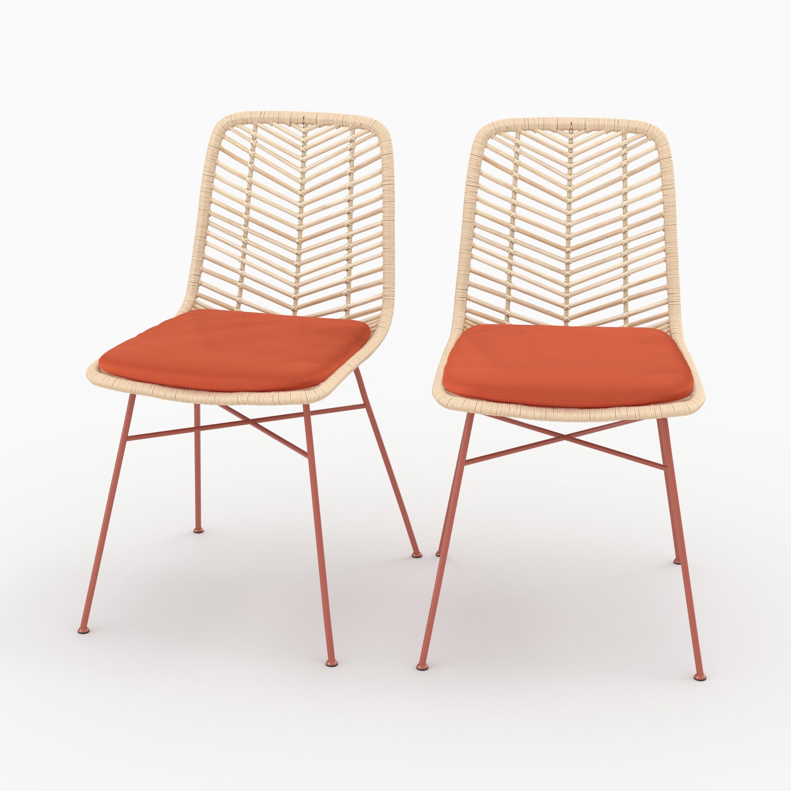 Lot de 2 chaises Tamara en rotin et tissu orange vermillon - Maison Pavane