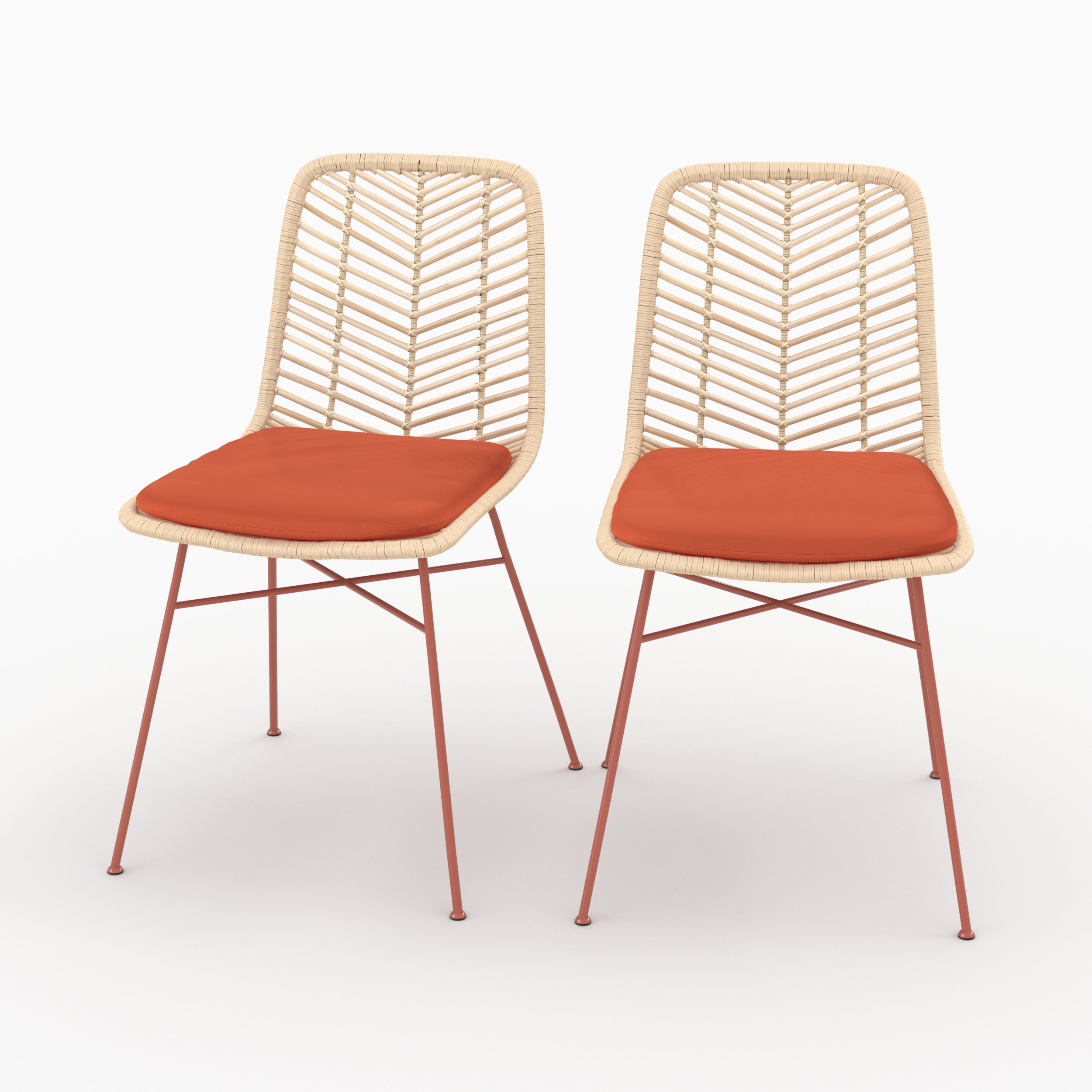 Lot de 2 chaises Tamara en rotin et tissu orange vermillon - Maison Pavane